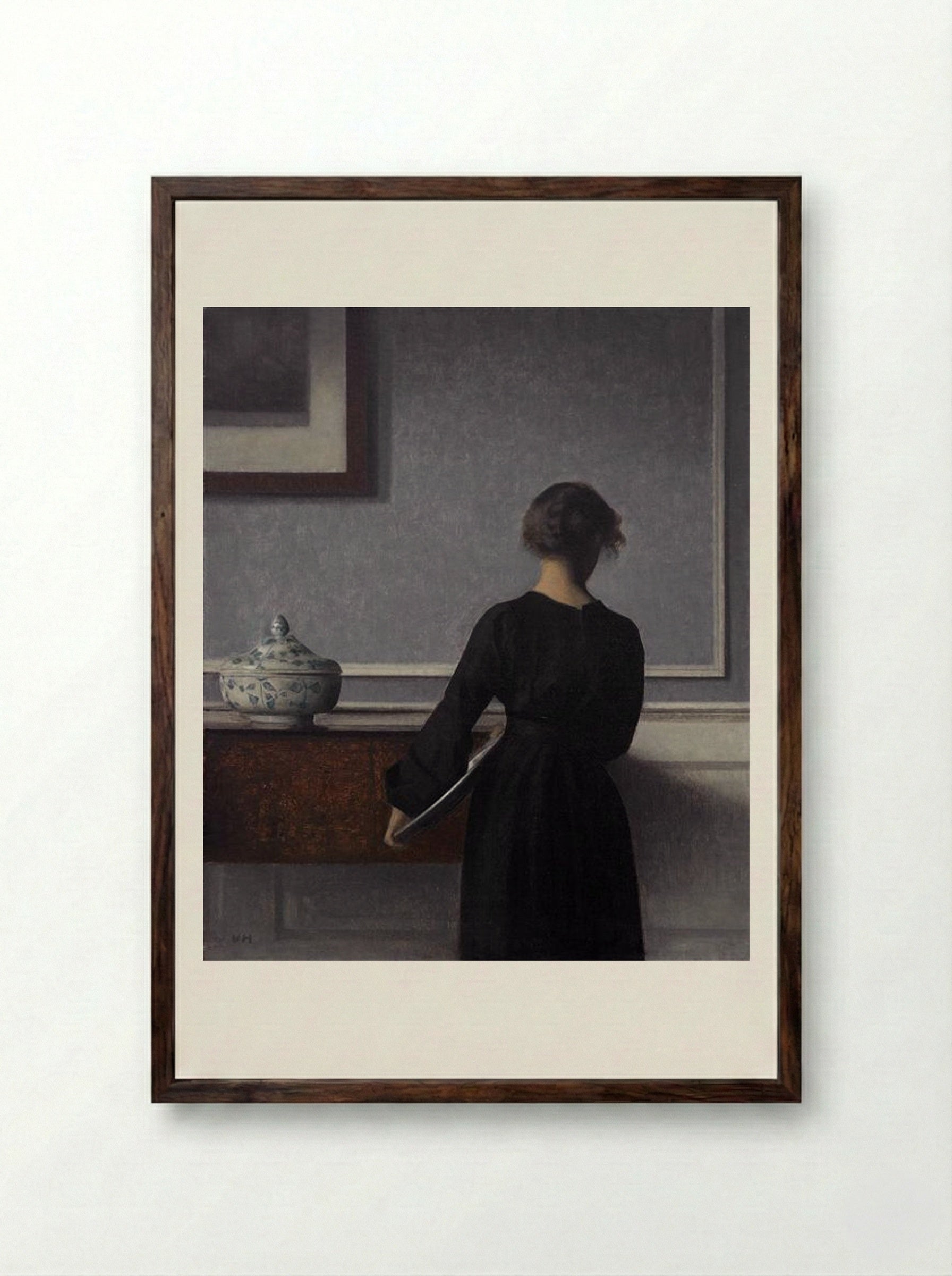 Interior with Young Woman from Behind - Vilhelm Hammershøi - Framed Print Dark Wood