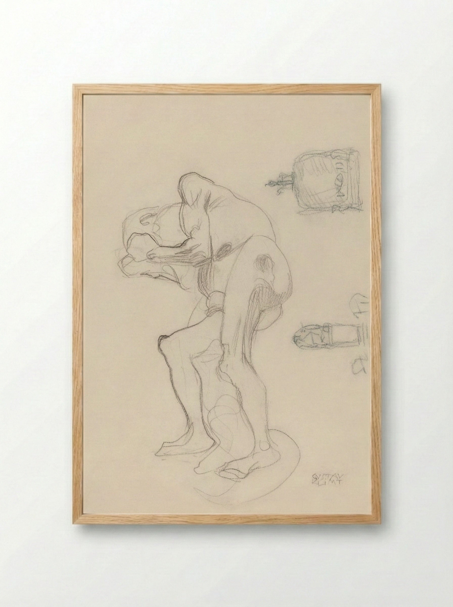 Study of a Nude Old Woman Clenching Her Fists and Two Decorative Objects - Gustav Klimt - Framed Print Wood