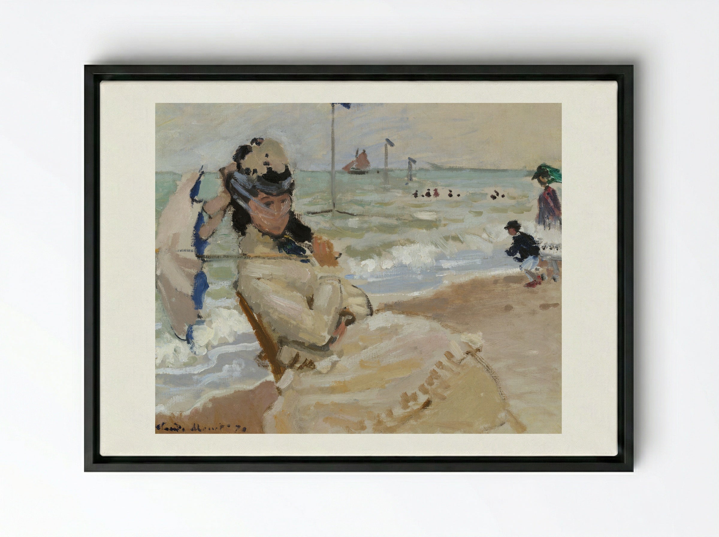 Camille on the Beach in Trouville - Claude Monet - Framed Canvas Black