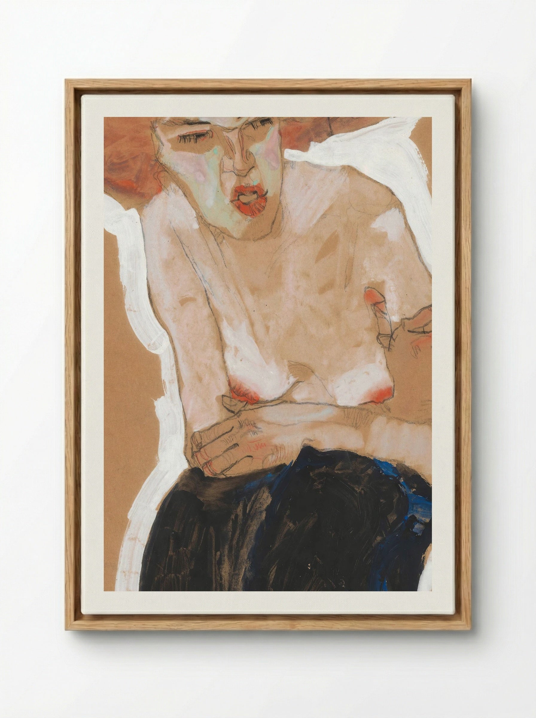 Die Häusliche (Seated Woman with Hat) - Egon Schiele - Framed Canvas Wood