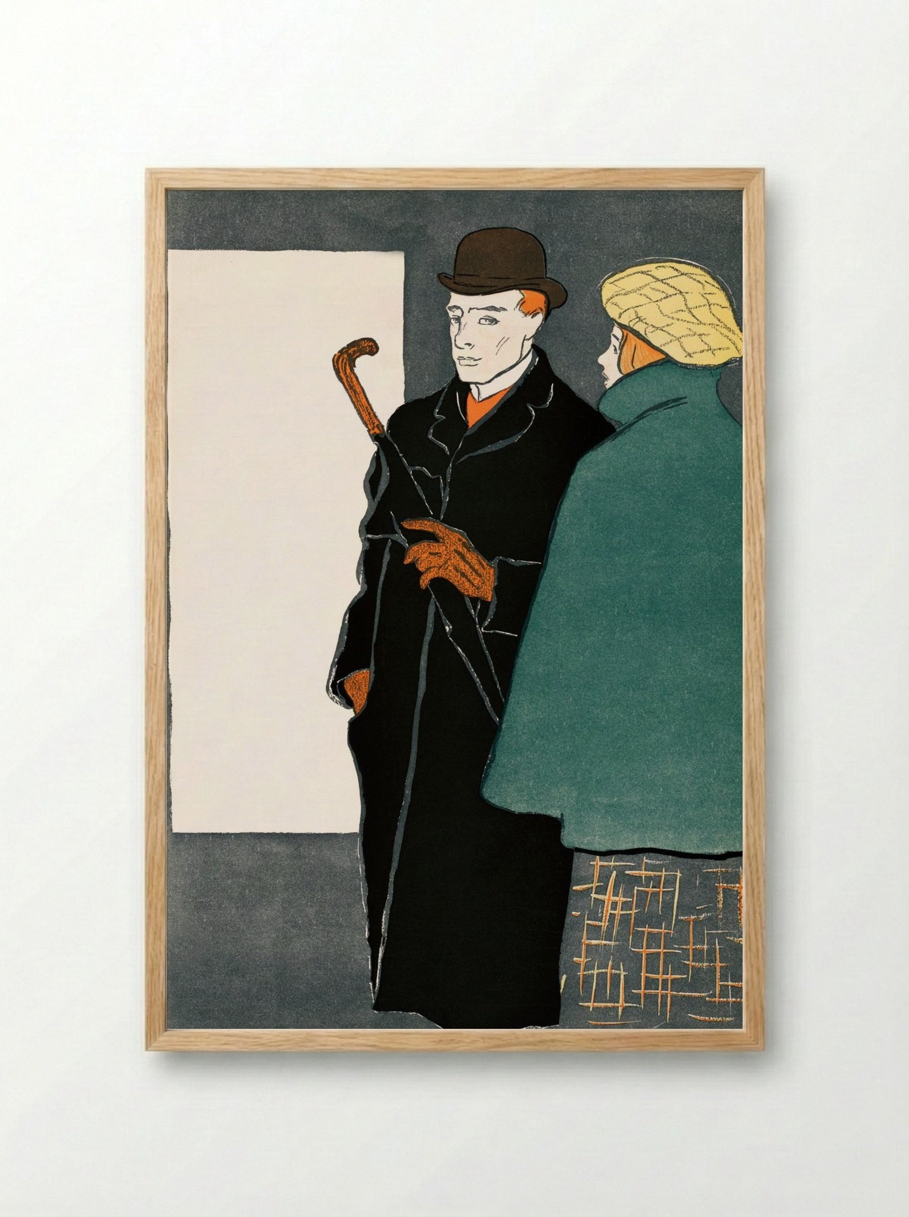 Man with Walking Stick and Woman - Edward Penfield - Framed Print Wood