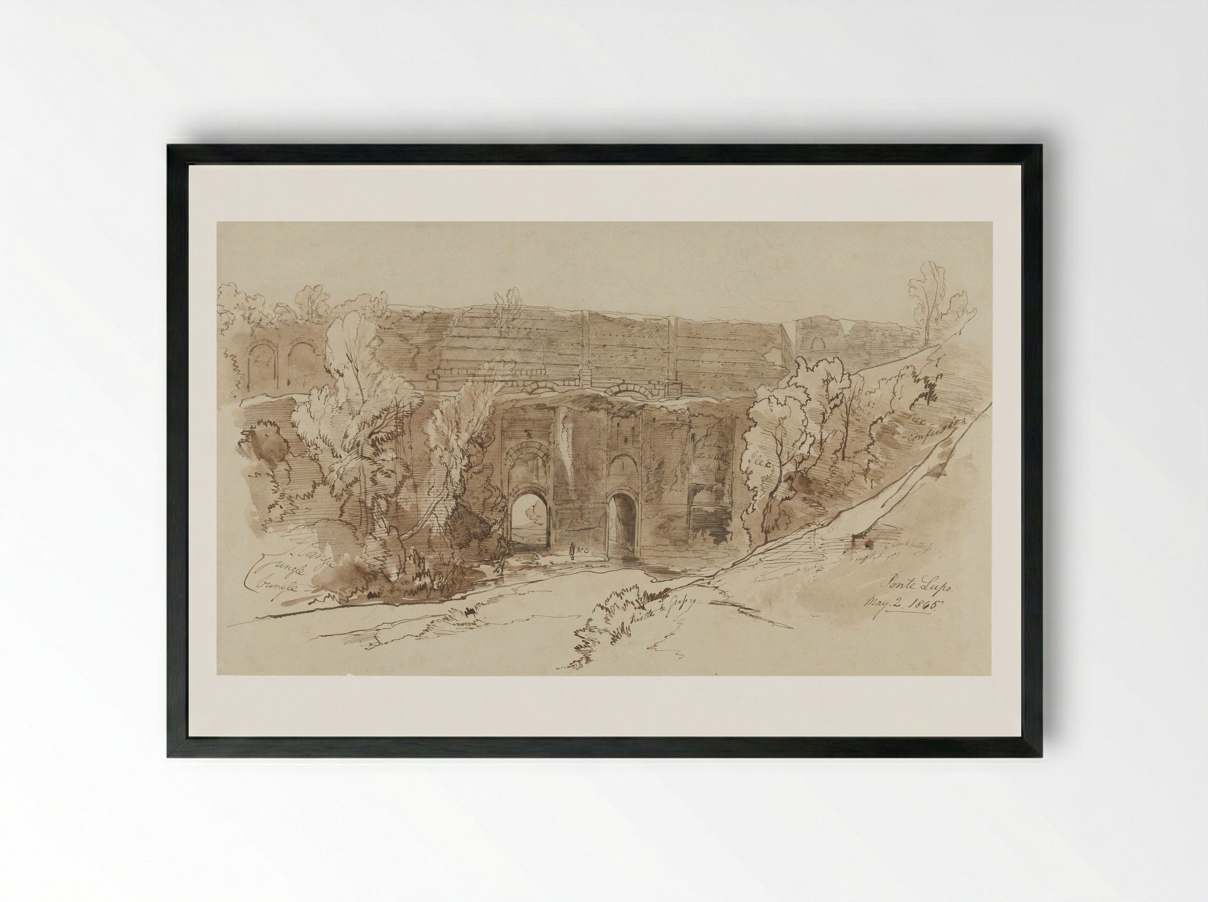 Gezicht op de Ponte Lupo (bij Tivoli) - Edward Lear - Framed Print Black