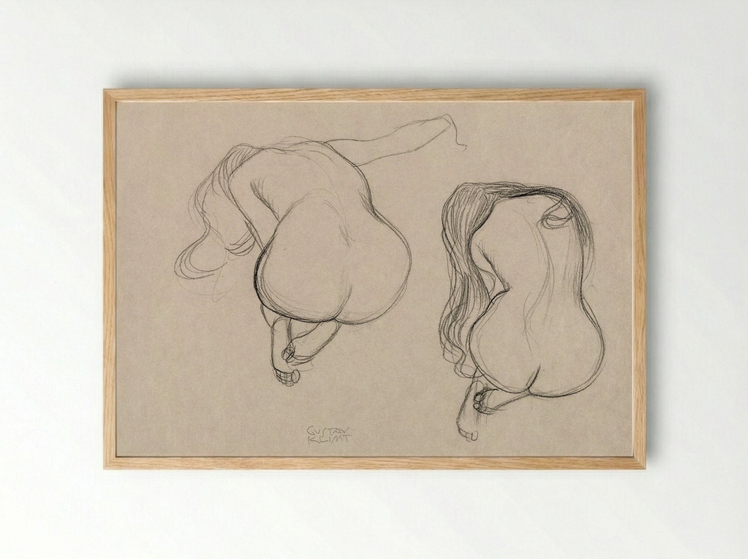 Two Studies of a Seated Nude with Long Hair - Gustav Klimt - Framed Print Wood