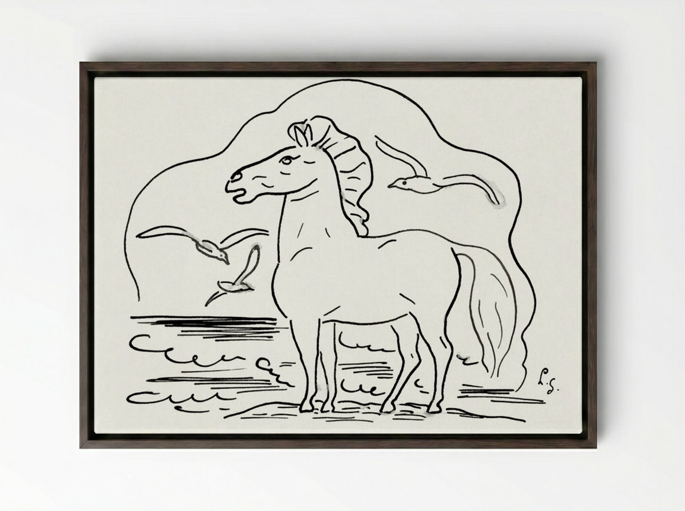 Horse in the Surf with Three Seagulls - Leo Gestel - Framed Canvas Dark Wood