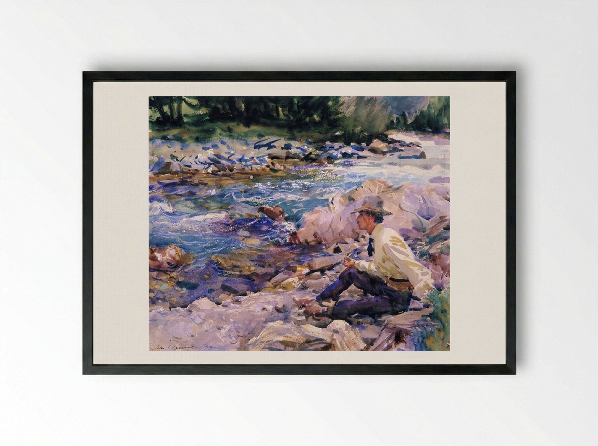 Man Seated by a Stream - John Singer Sargent - Framed Print Black