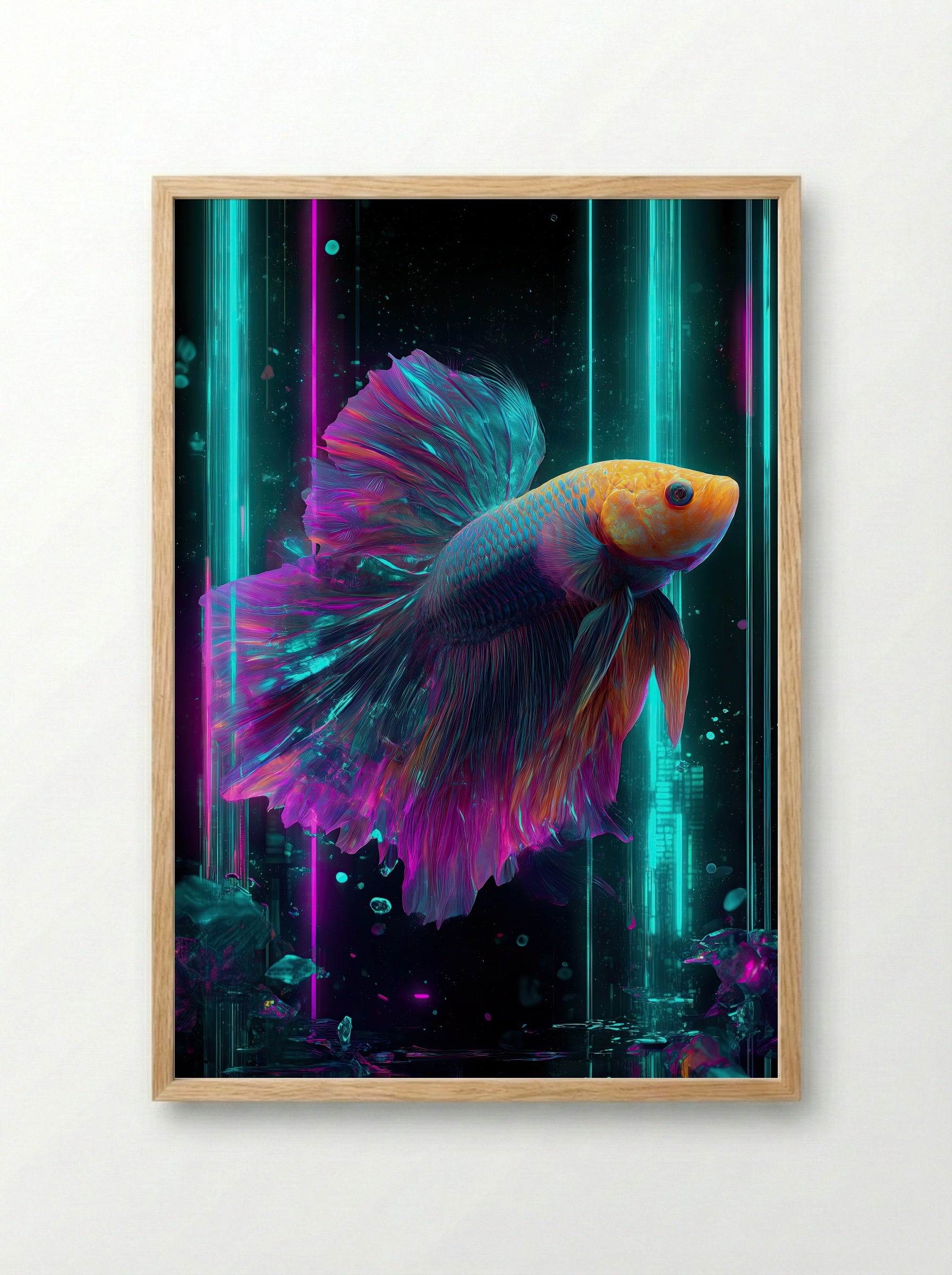 Neon Betta No.1 – Radiant Glowfish in Cyan & Magenta - Framed Print Wood