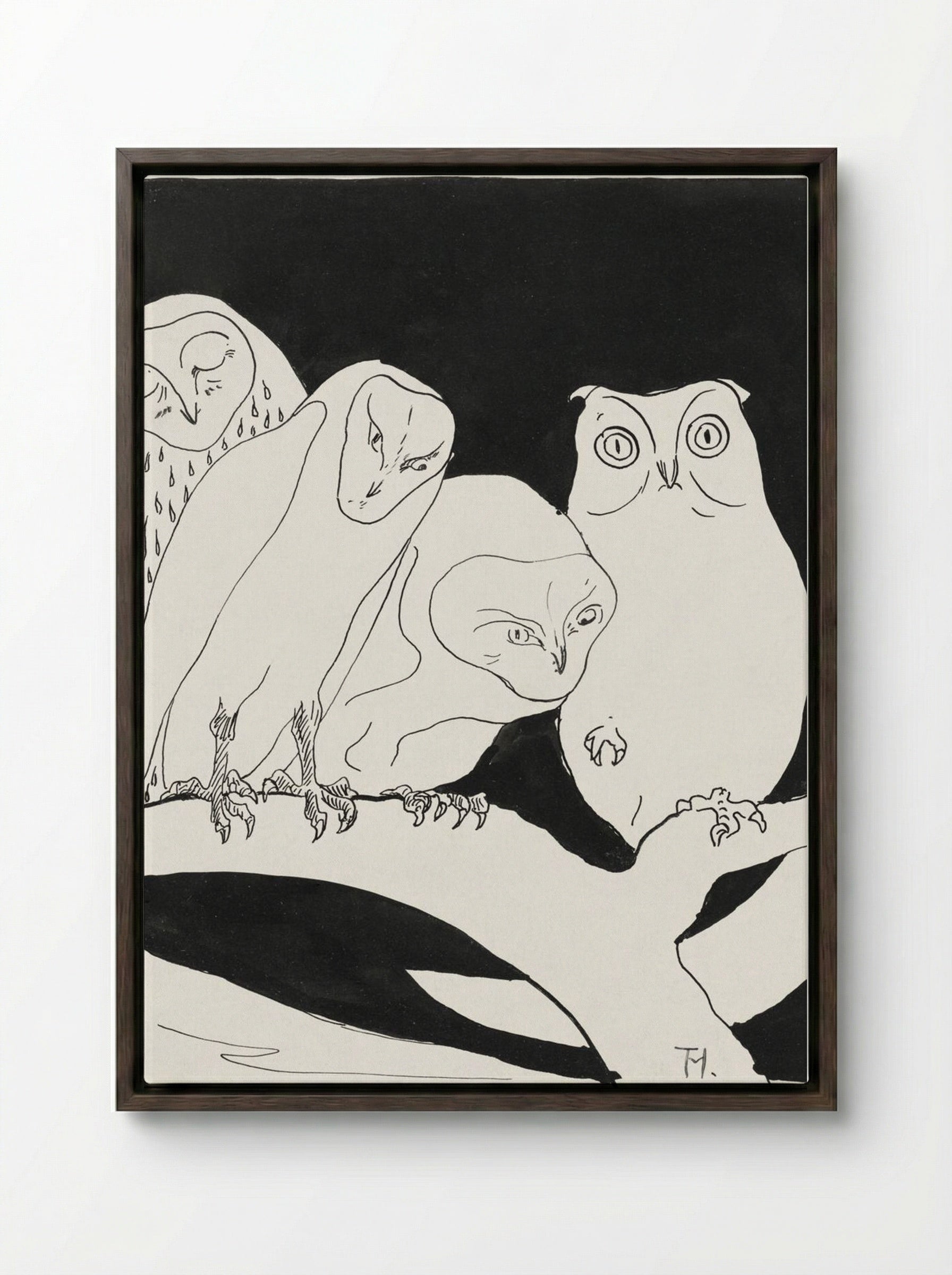 Owls on a Branch - Theo van Hoytema - Framed Canvas Dark Wood