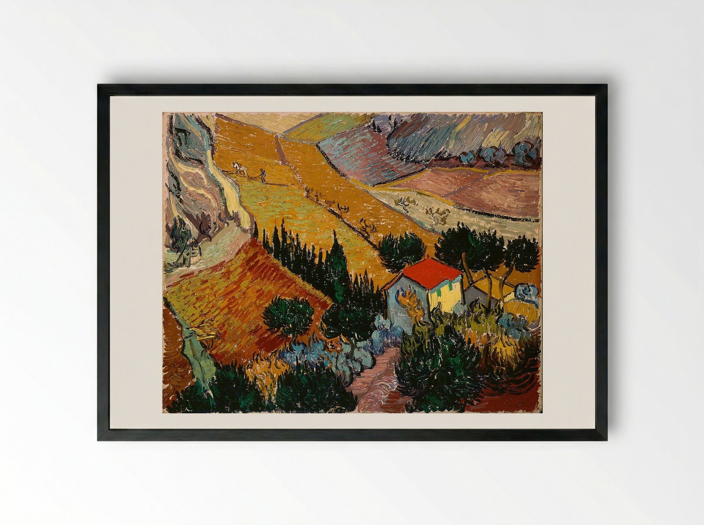 Landscape with House and Ploughman - Vincent van Gogh - Framed Print Black