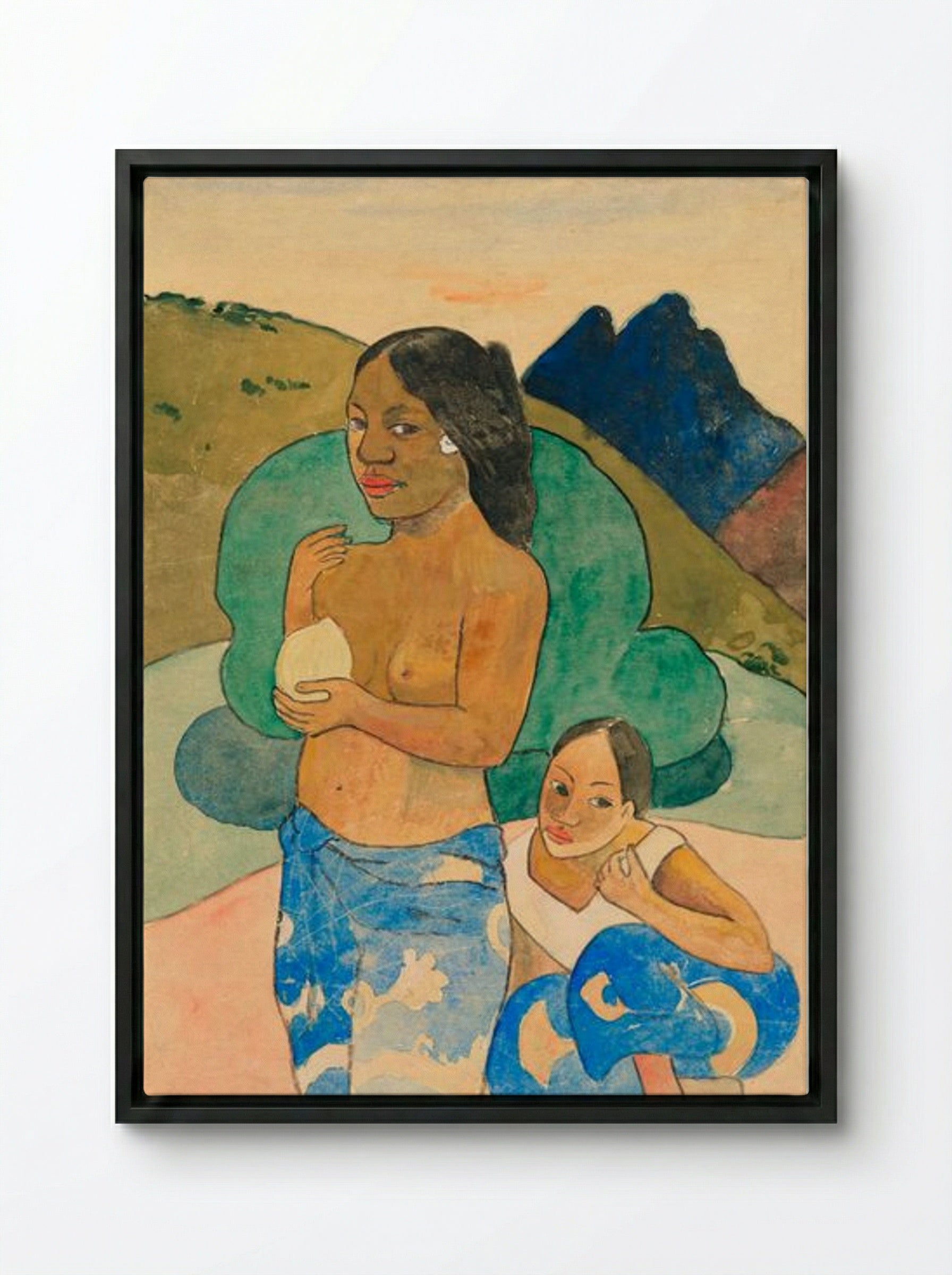 Two Tahitian Women in a Landscape - Paul Gauguin - Framed Canvas Black