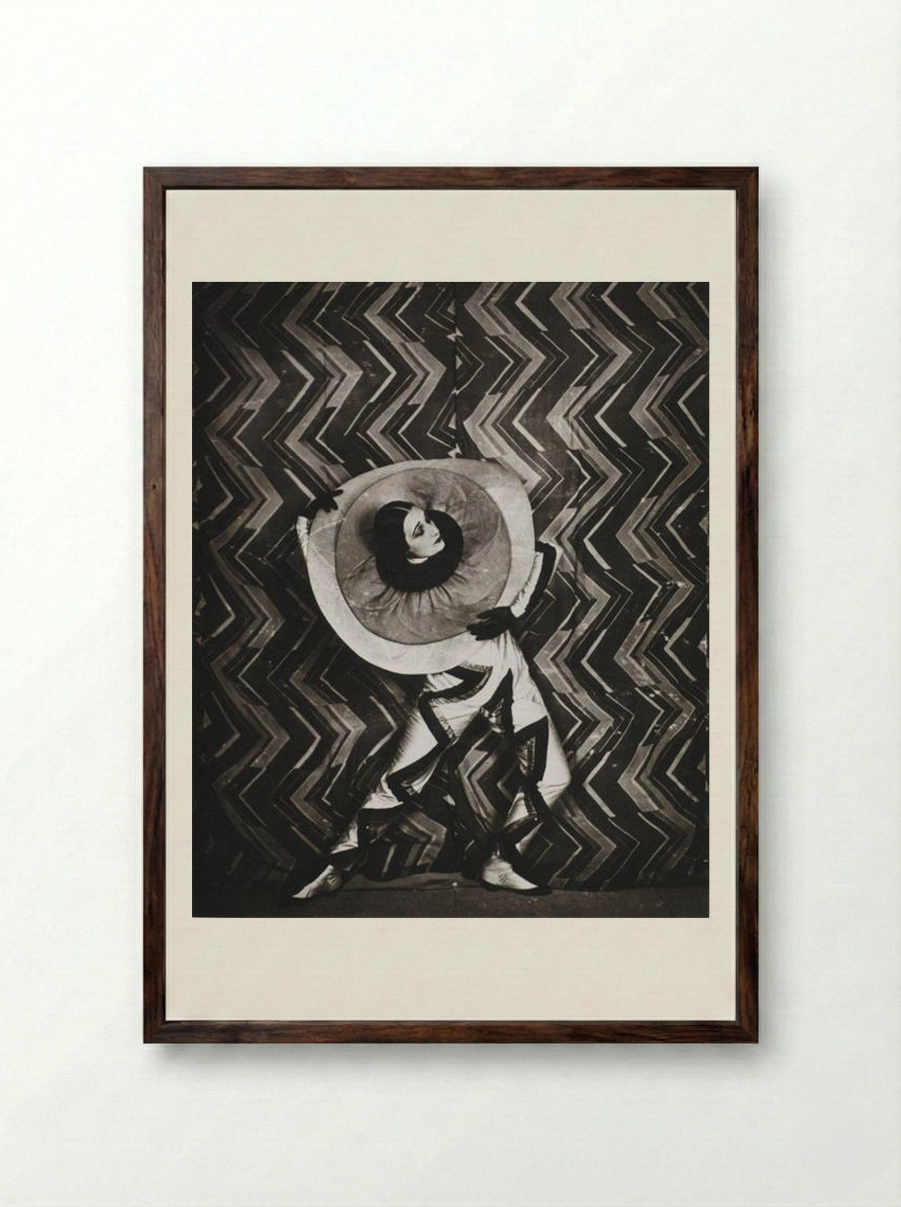 Wearing the Pierrot-Éclair costume designed by Sonia Delaunay, on the set of René Le Somptier’s film Le P’tit Parigot - Sonia Delaunay - Framed Print Dark Wood