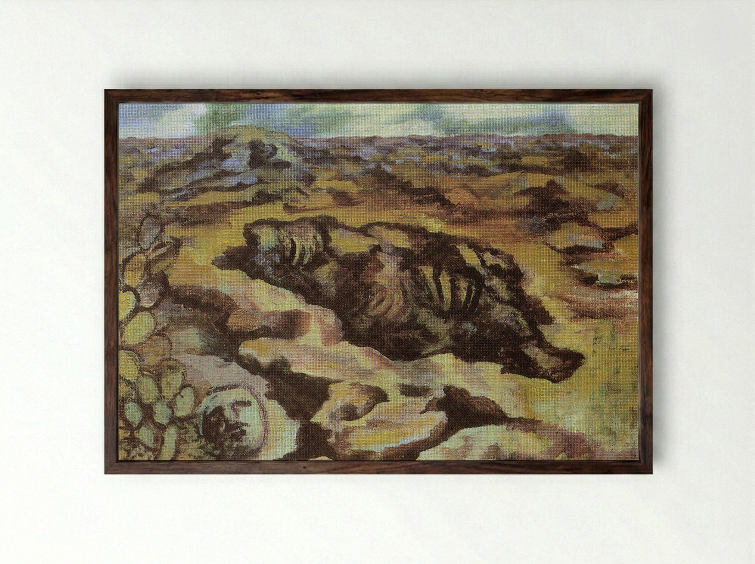 Landscape with Cactus and Mask - Diego Rivera - Framed Print Dark Wood