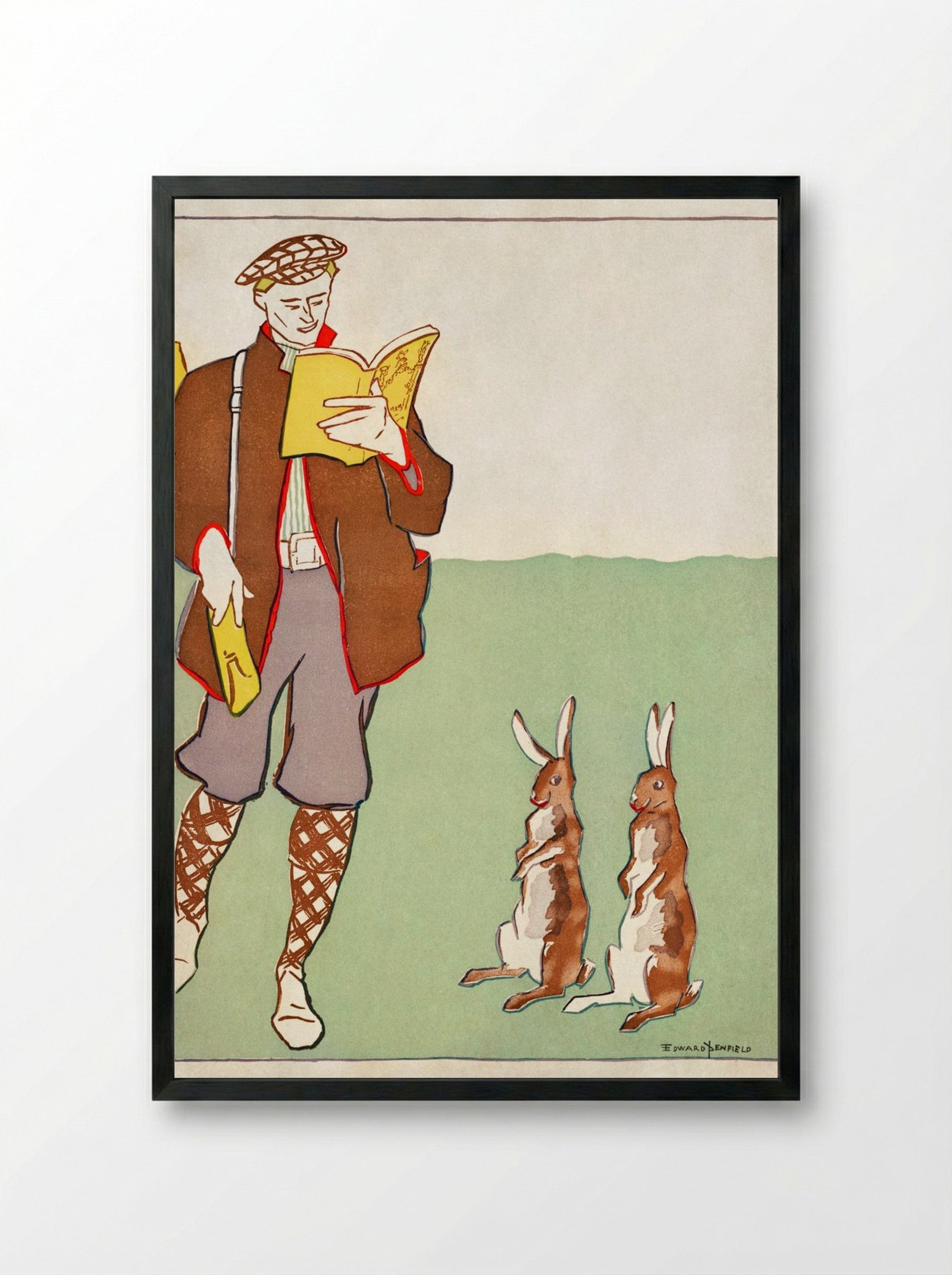 Man Reading a Book with Hares - Edward Penfield - Framed Print Black