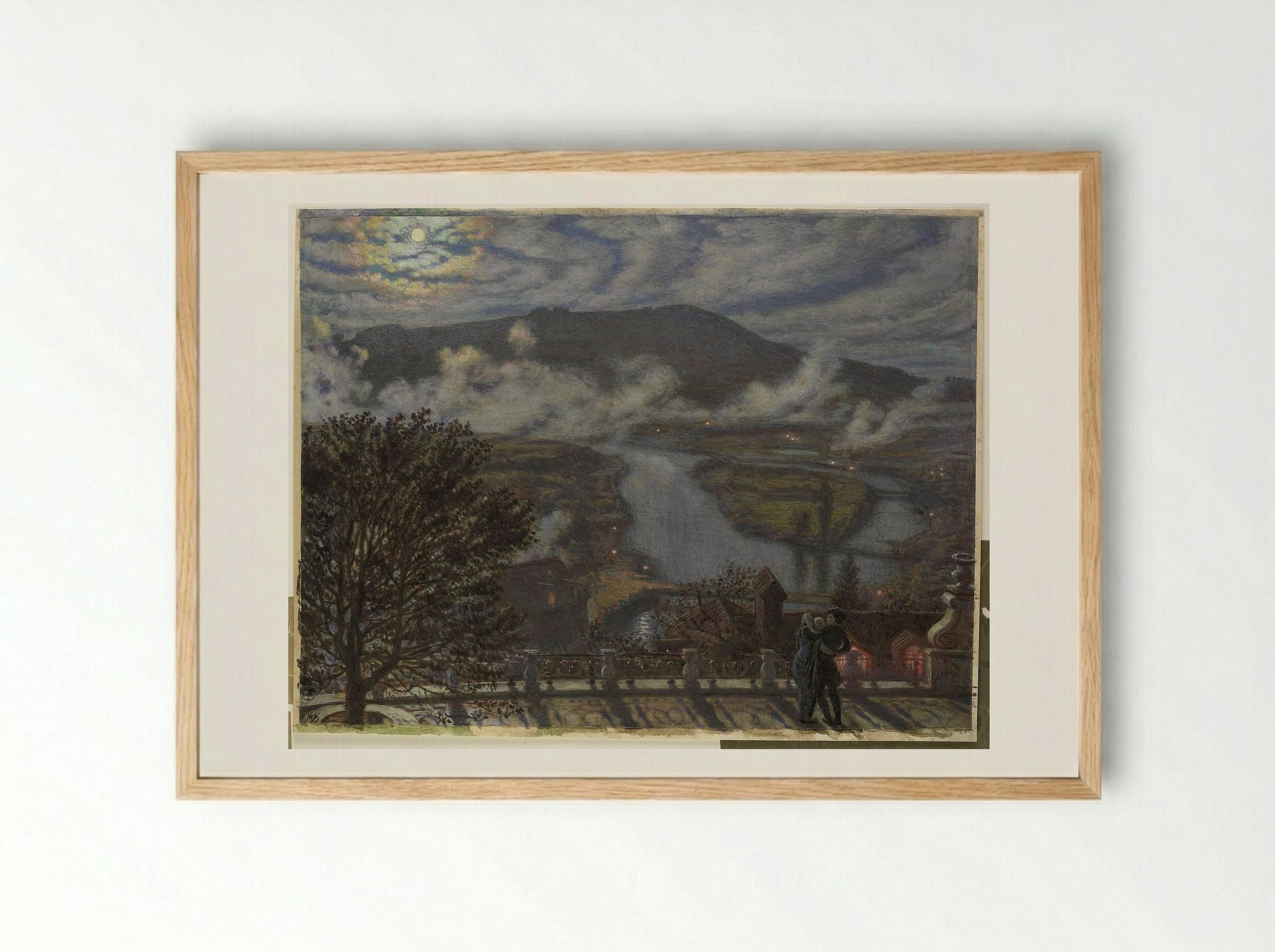 Gezicht vanaf terras op rivierlandschap bij nacht - William Holman Hunt - Framed Print Wood
