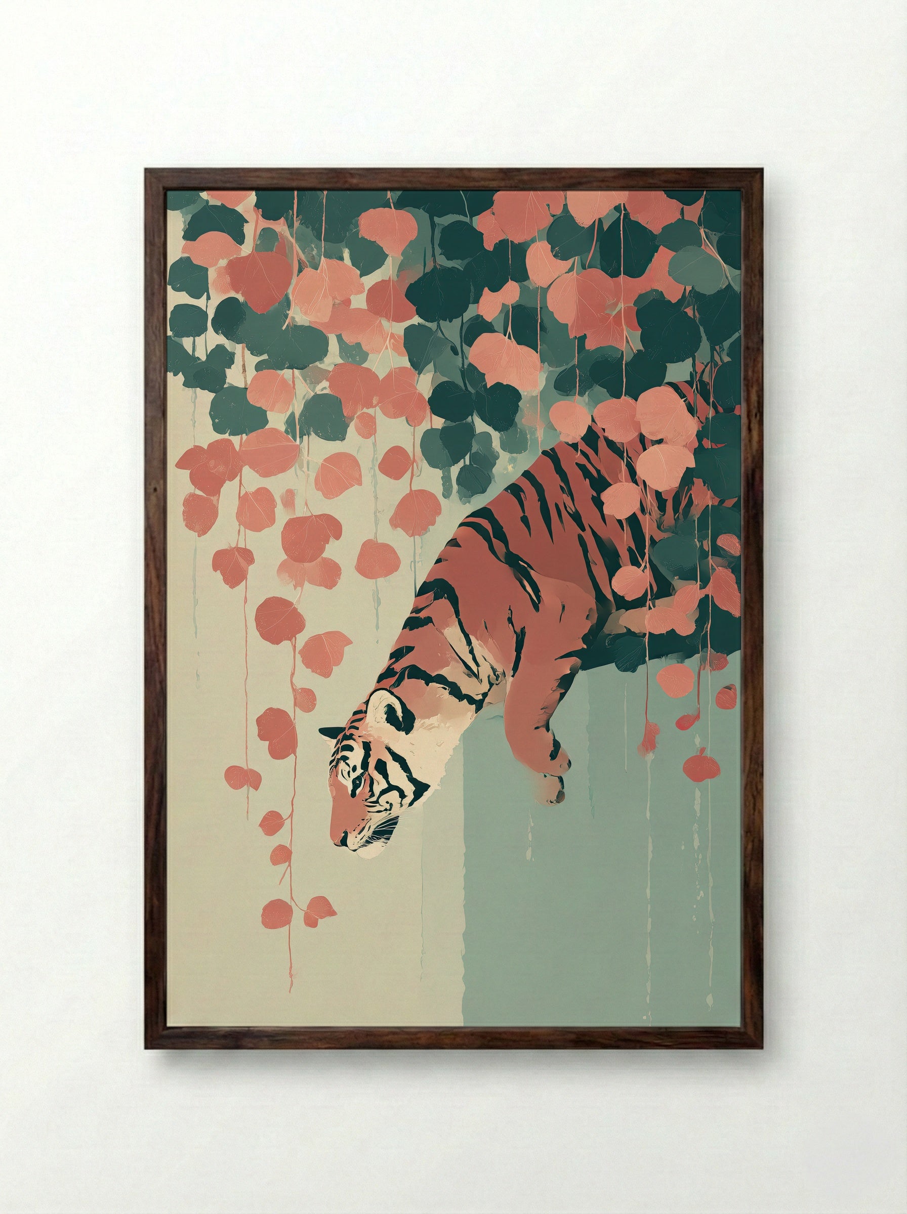 Tiger Among Vines – Dreamlike Jungle Art Print - Framed Print Dark Wood