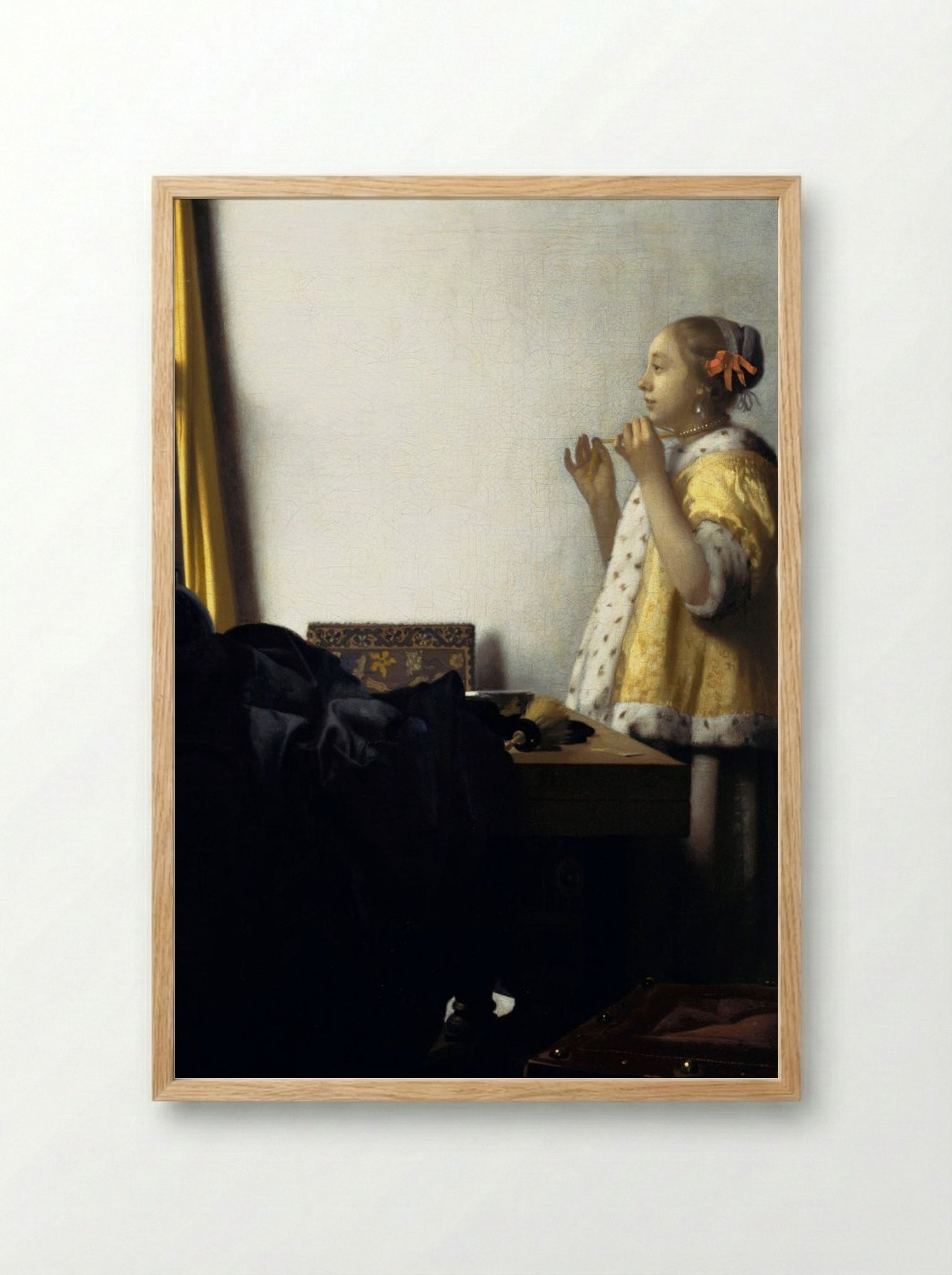 Young Woman with a Pearl Necklace - Johannes Vermeer - Framed Print Wood