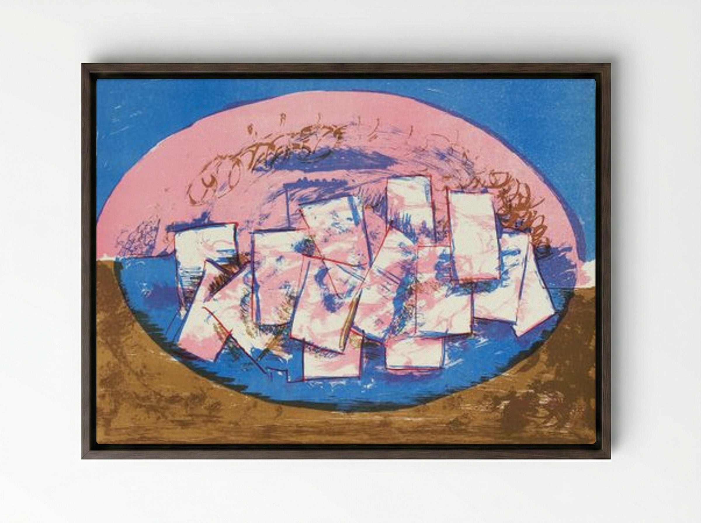Blue and Pink Ellipse with Squares on Brown and Blue Background - Vilhelm Lundstrøm - Framed Canvas Dark Wood
