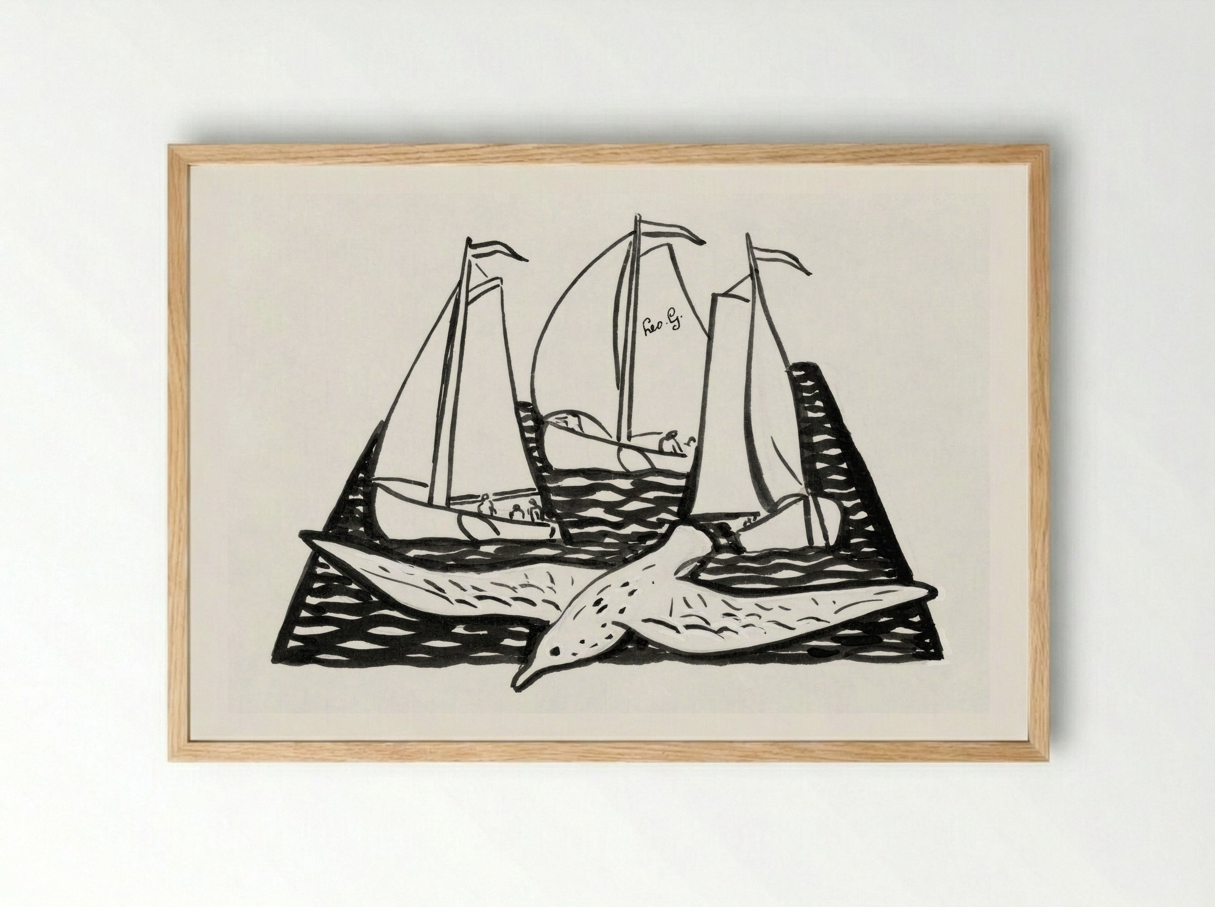 Three Sailing Ships and a Seagull - Leo Gestel - Framed Print Wood
