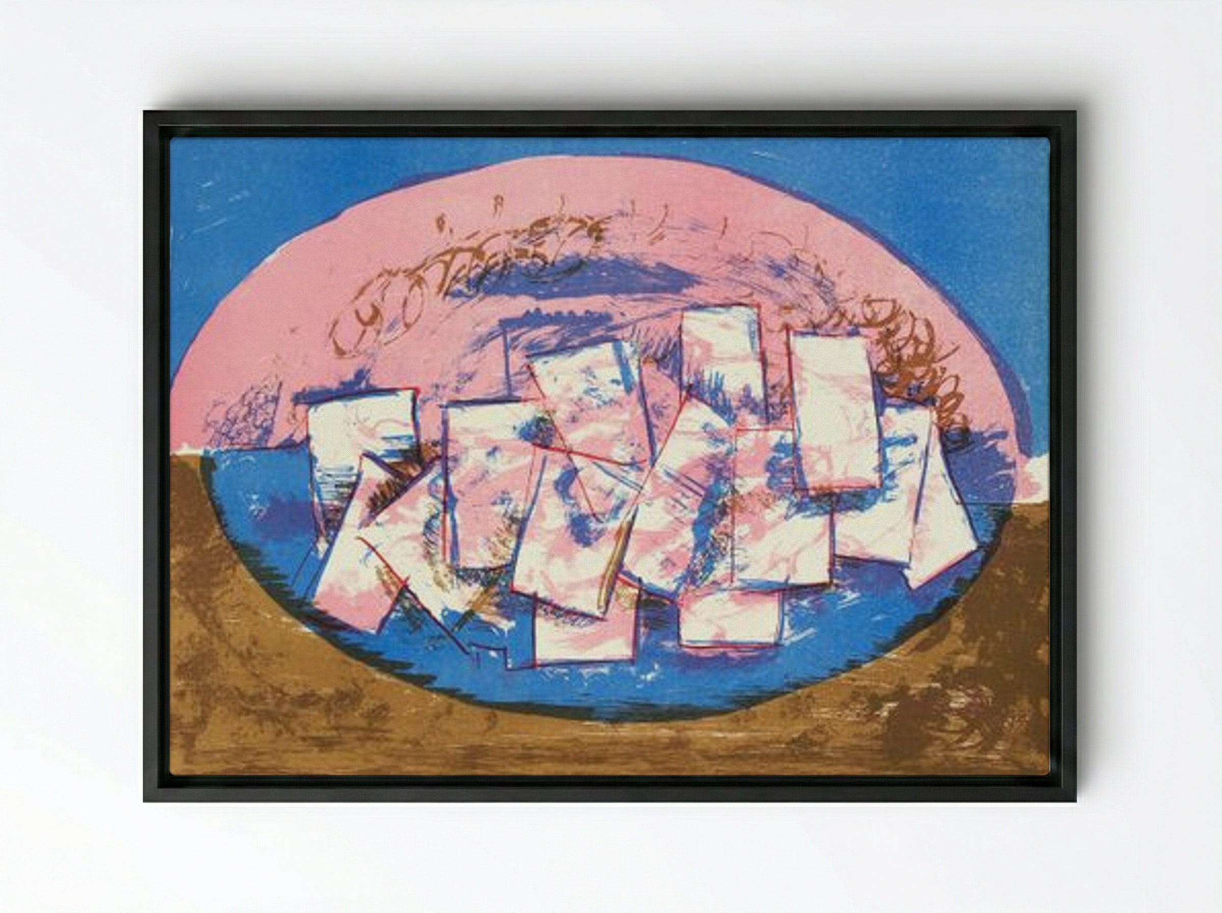 Blue and Pink Ellipse with Squares on Brown and Blue Background - Vilhelm Lundstrøm - Framed Canvas Black