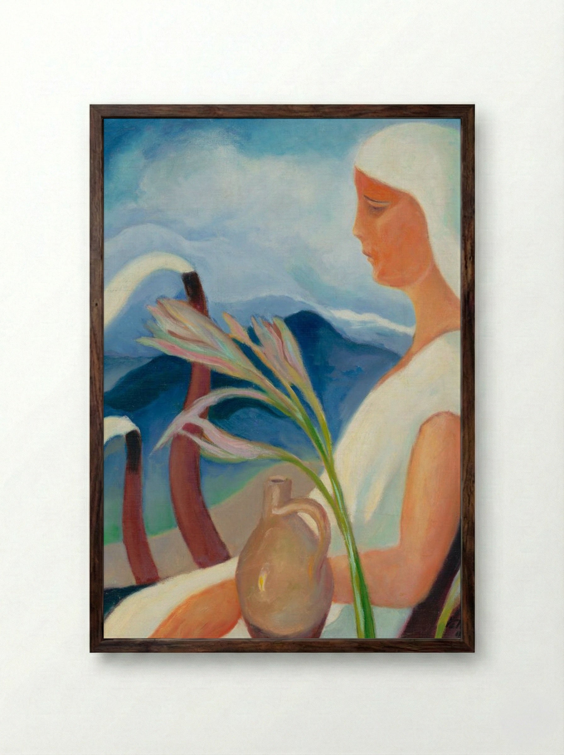 Girl in White with Factory Chimneys and Flowers - Zolo Palugyay - Framed Print Dark Wood