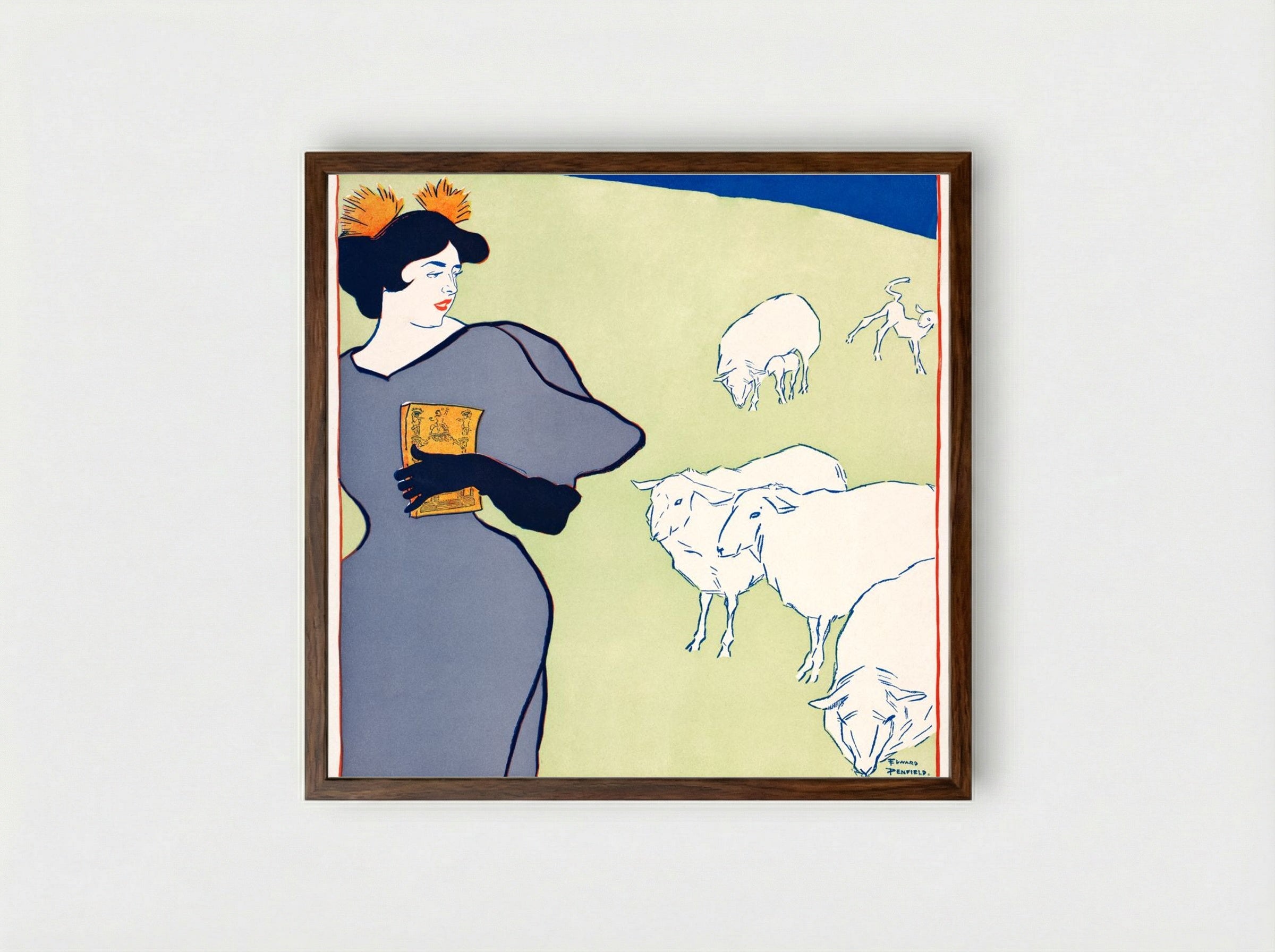 Woman and Sheep - Edward Penfield - Framed Print Dark Wood