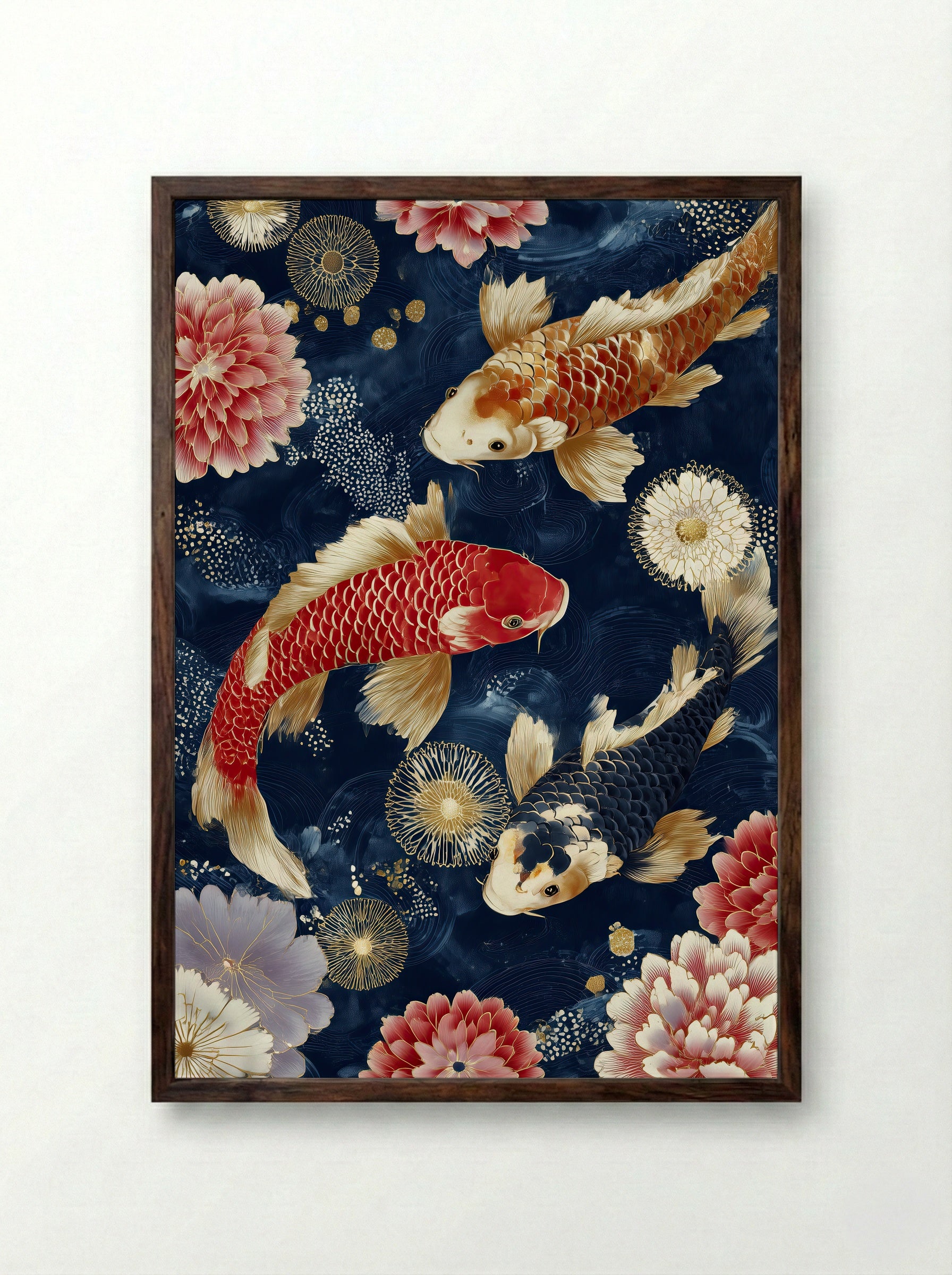 Trio of Koi Botanical Print in Crimson and Midnight - Framed Print Dark Wood