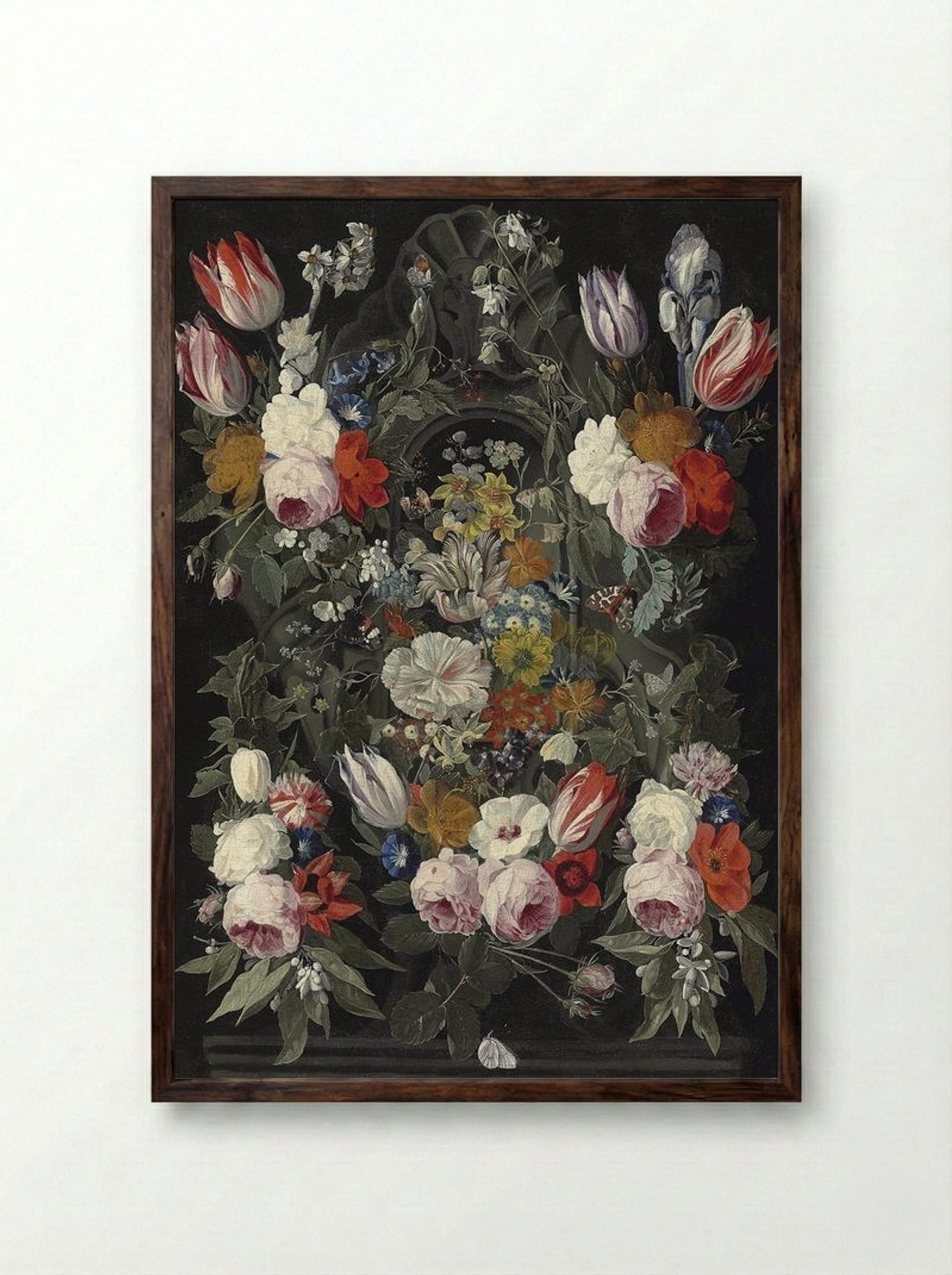 Flowers and Butterflies in Front of a Sculpted Cartouche - Jan van Kessel the Elder - Framed Print Dark Wood