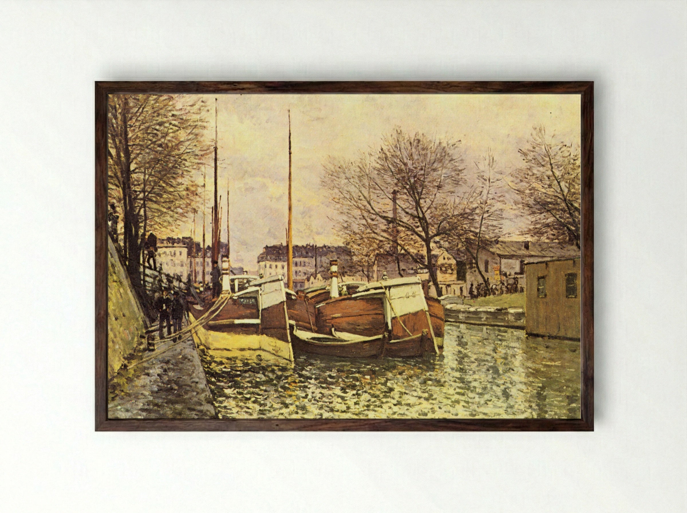 Barges on the Canal Saint-Martin, Paris - Alfred Sisley - Framed Print Dark Wood