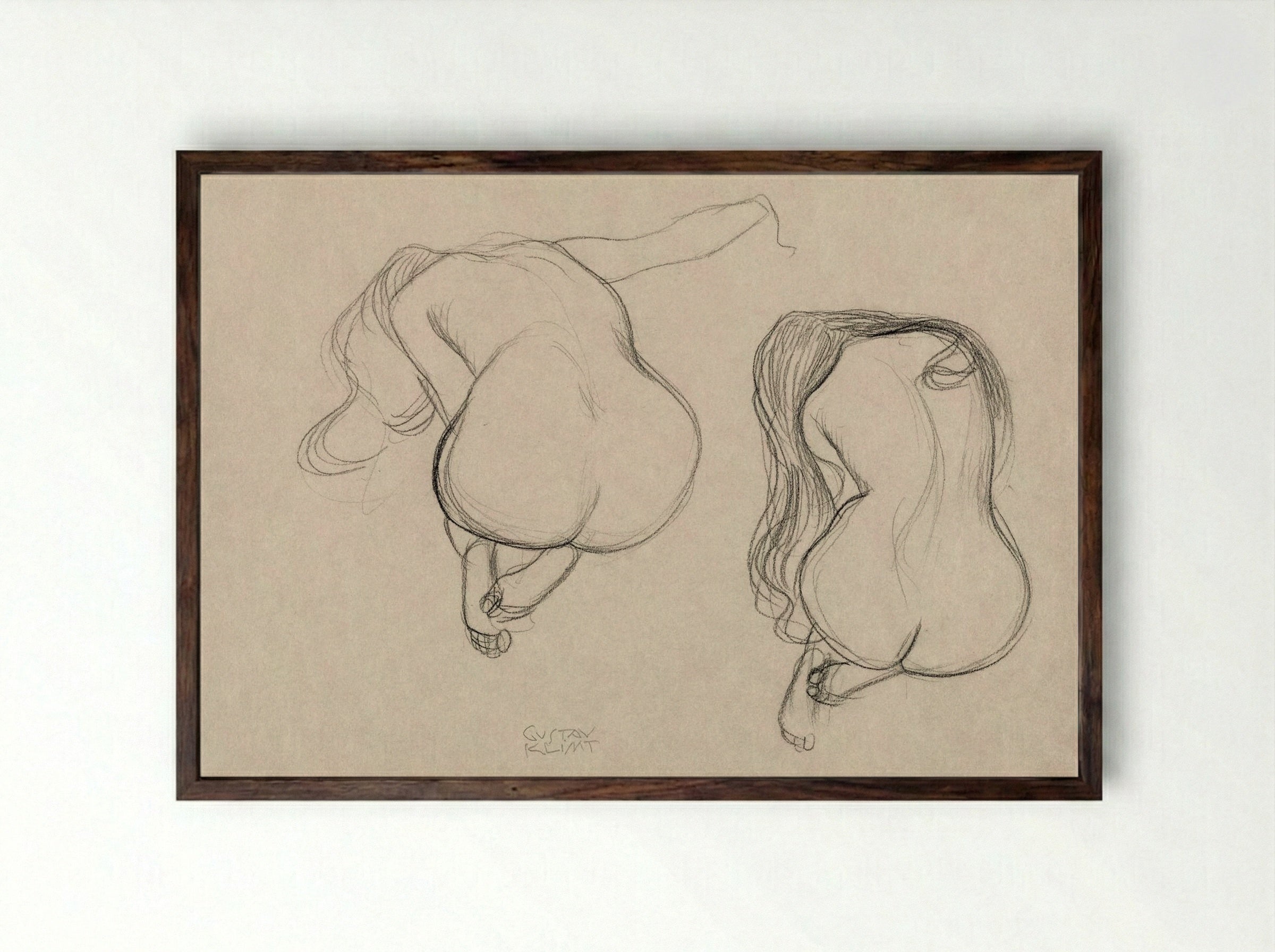 Two Studies of a Seated Nude with Long Hair - Gustav Klimt - Framed Print Dark Wood