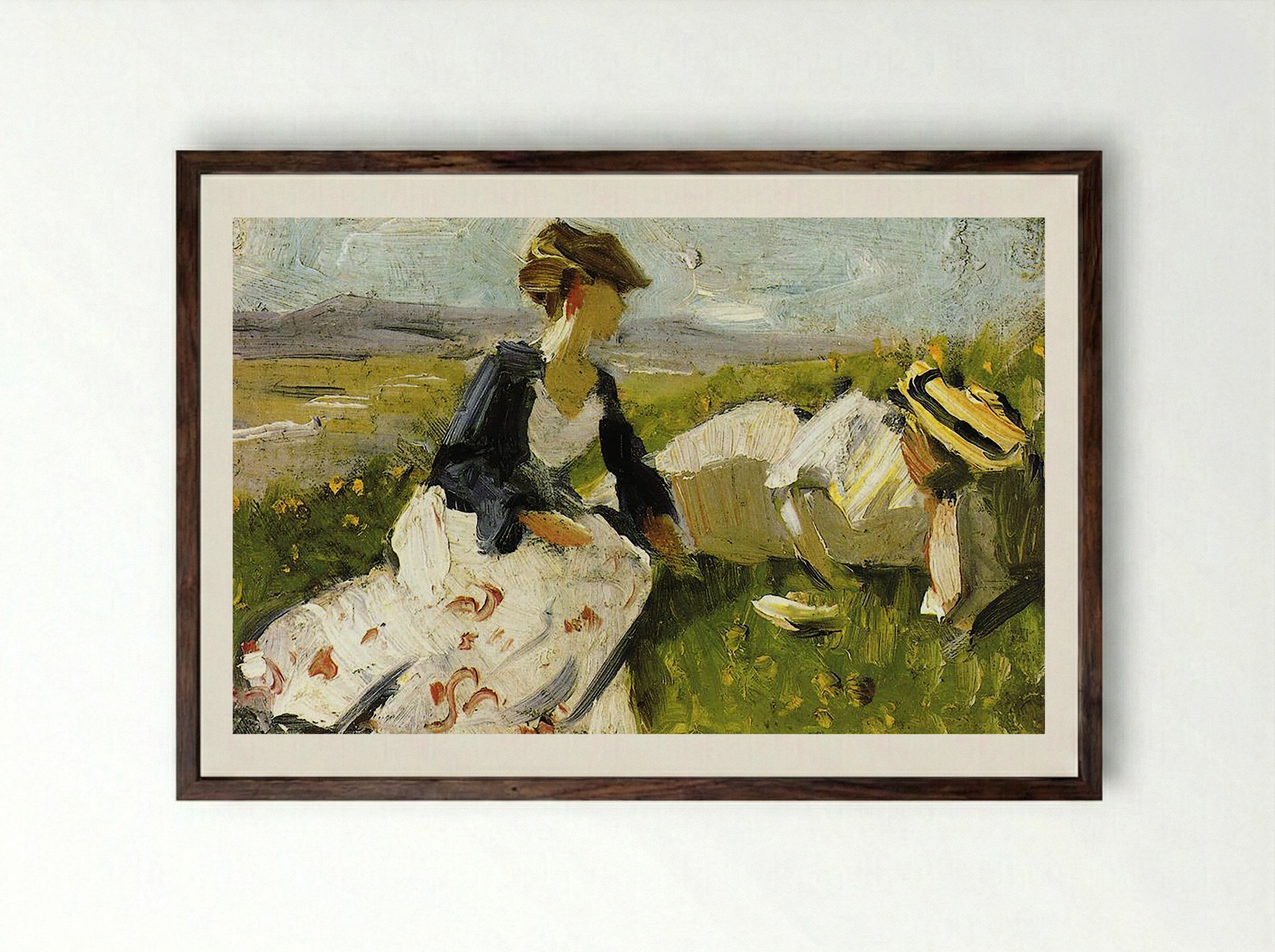 Two Women on the Hillside - William Merritt Chase - Framed Print Dark Wood