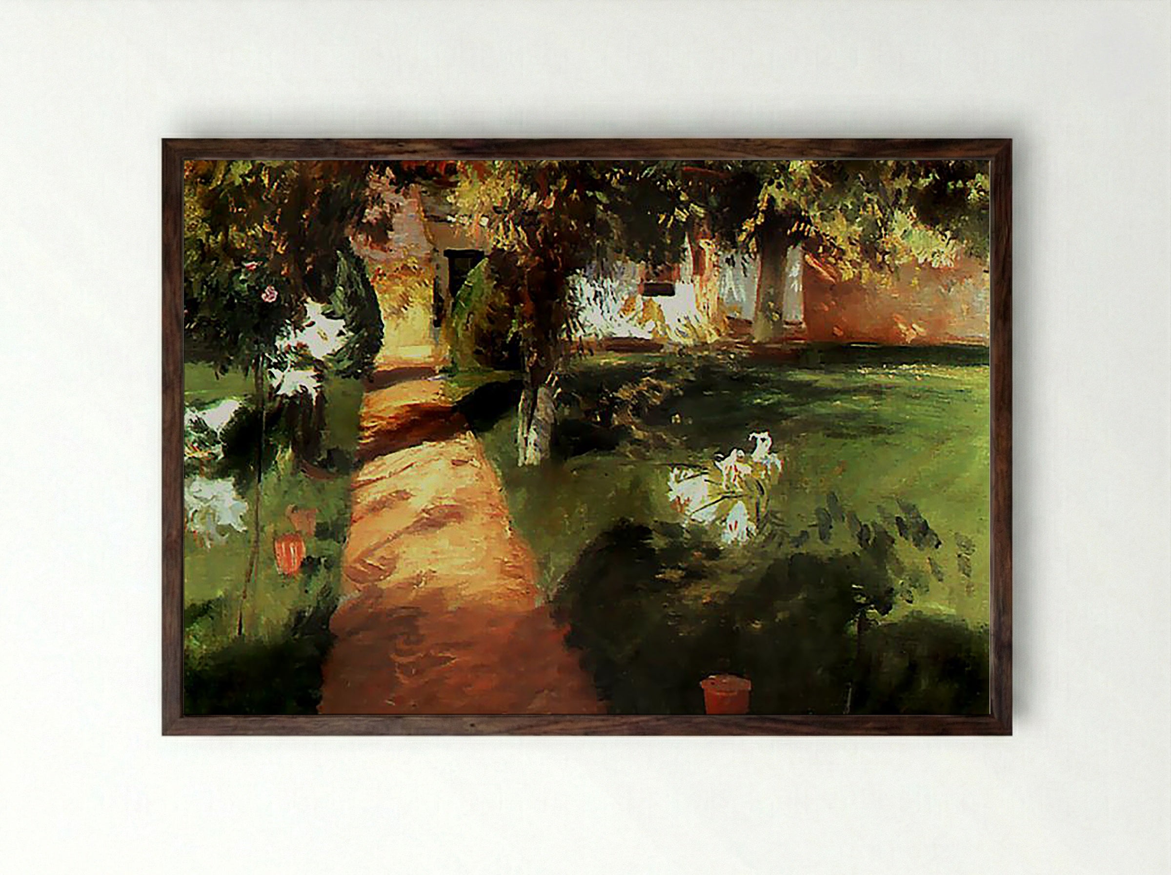 Untitled (Garden Path with Flowers) - Fine Art Print - Framed Print Dark Wood