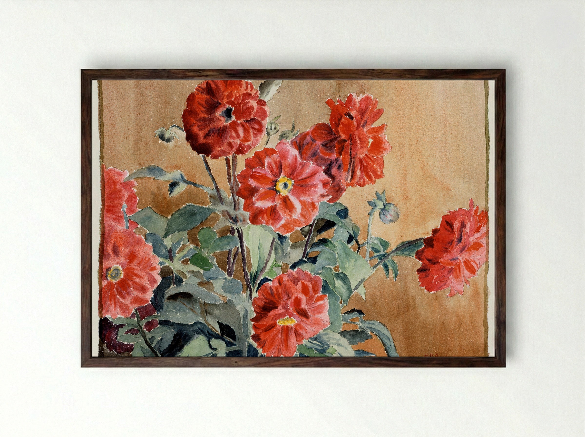 Dahlias (1915) - Hannah Borger Overbeck - Framed Print Dark Wood