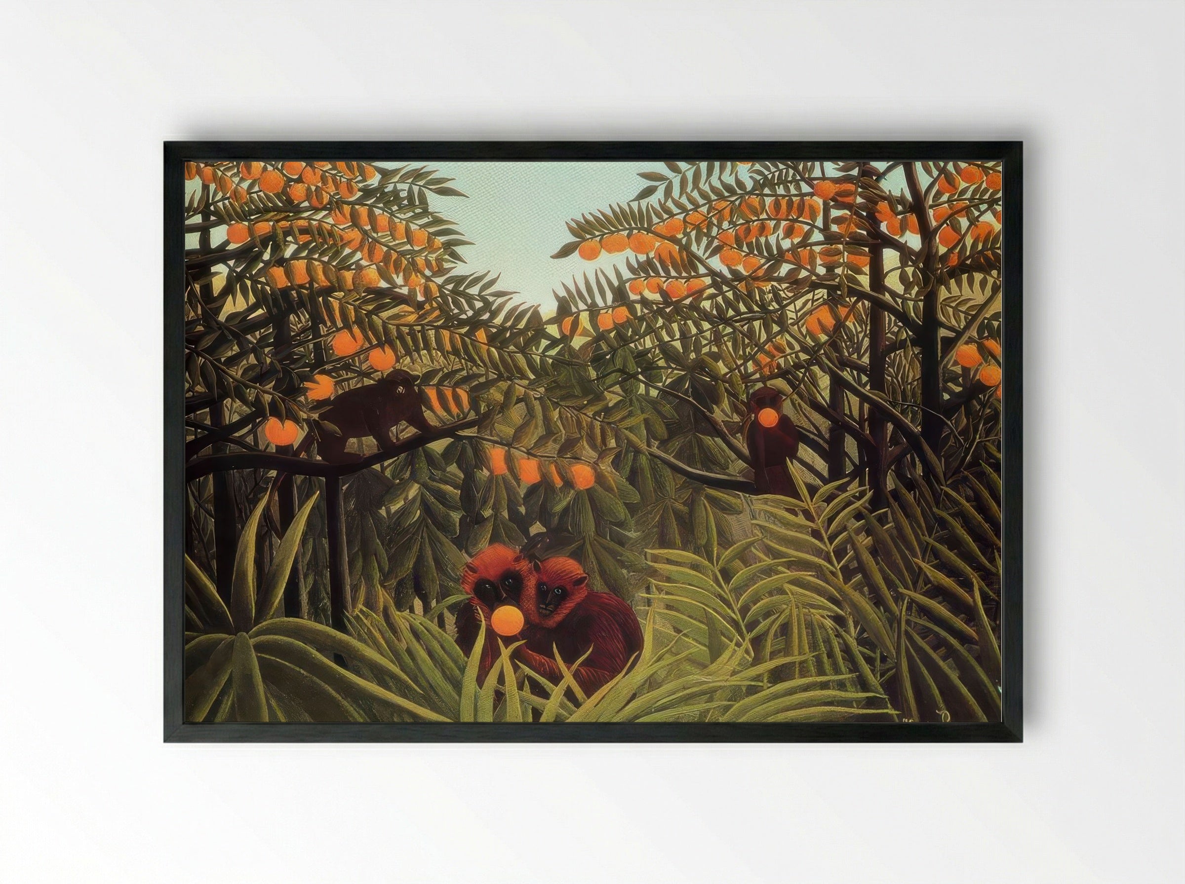 Apes in the Orange Grove by Henri Rousseau – Naïve Art Jungle Wildlife Print - Framed Print Black