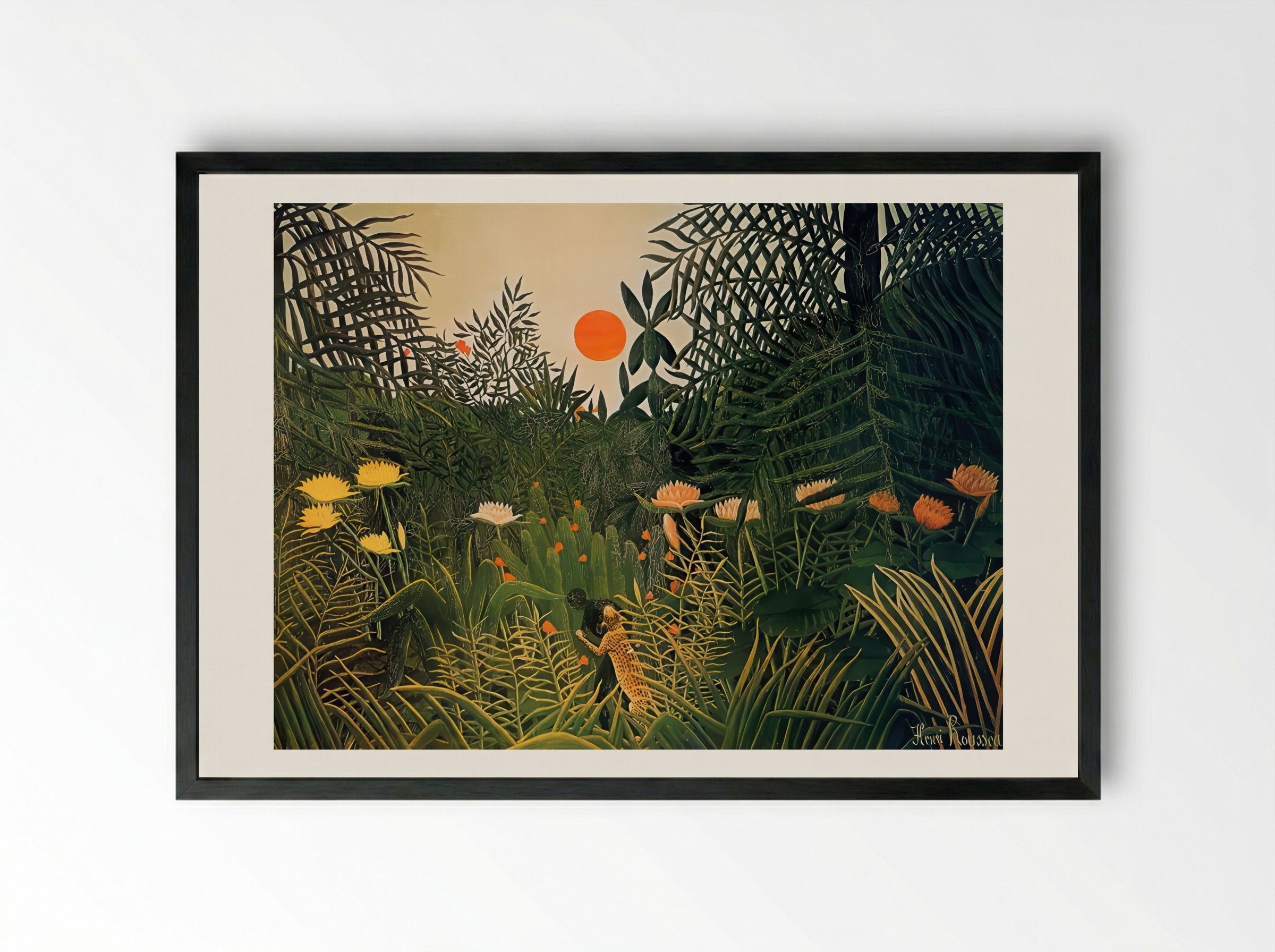 Man Attacked by a Jaguar by Henri Rousseau – Naïve Art Jungle Drama Print - Framed Print Black