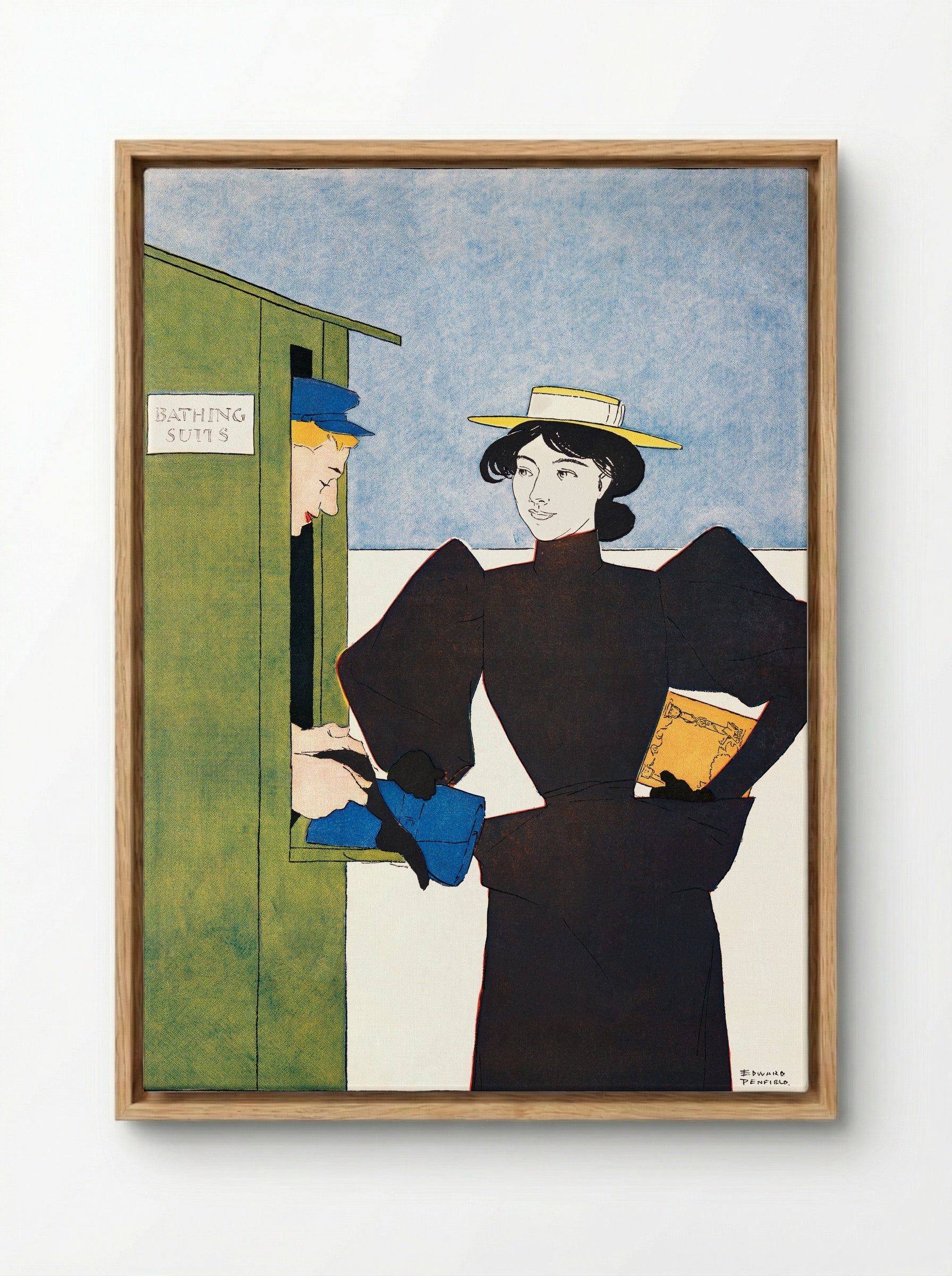 Woman Picking Up Bathing Suits - Edward Penfield - Framed Canvas Wood