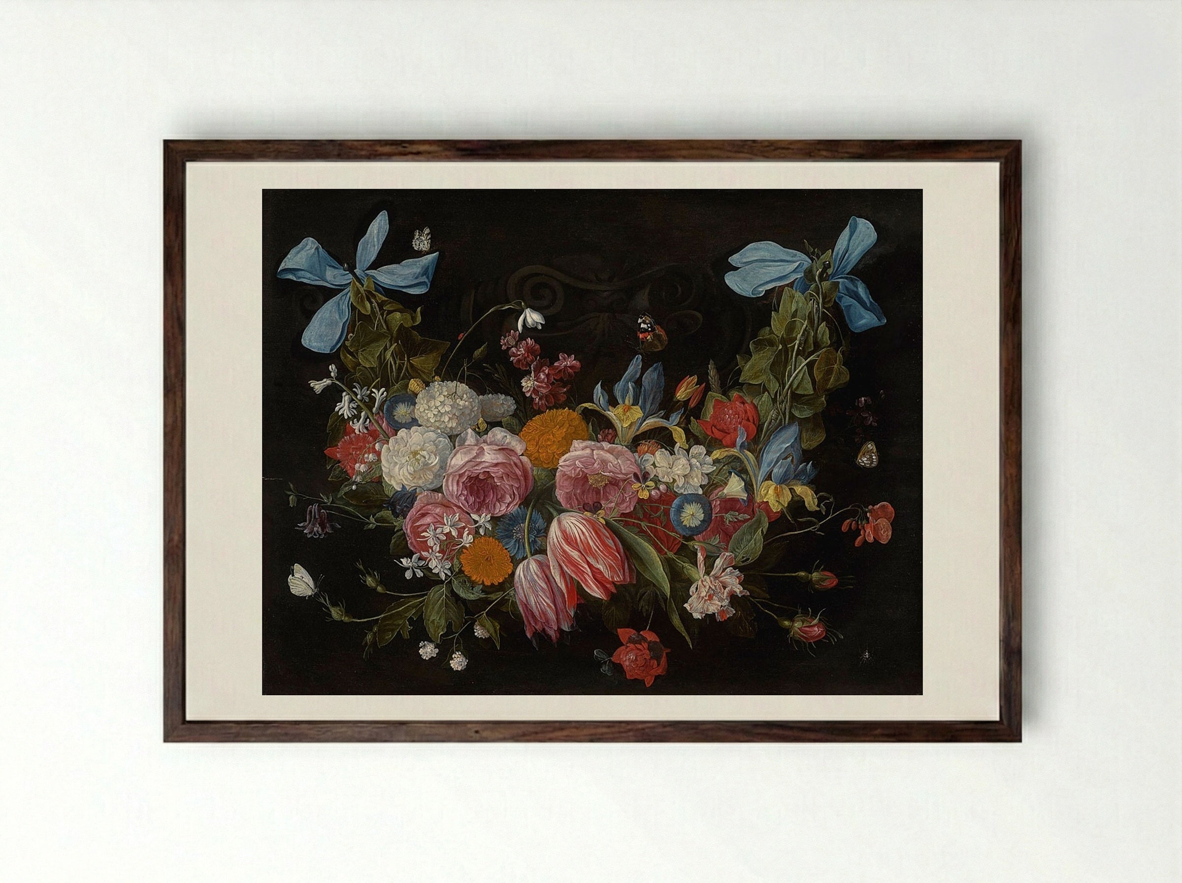 A Swag of Flowers Fixed with Two Blue Ribbons - Jan van Kessel the Elder - Framed Print Dark Wood