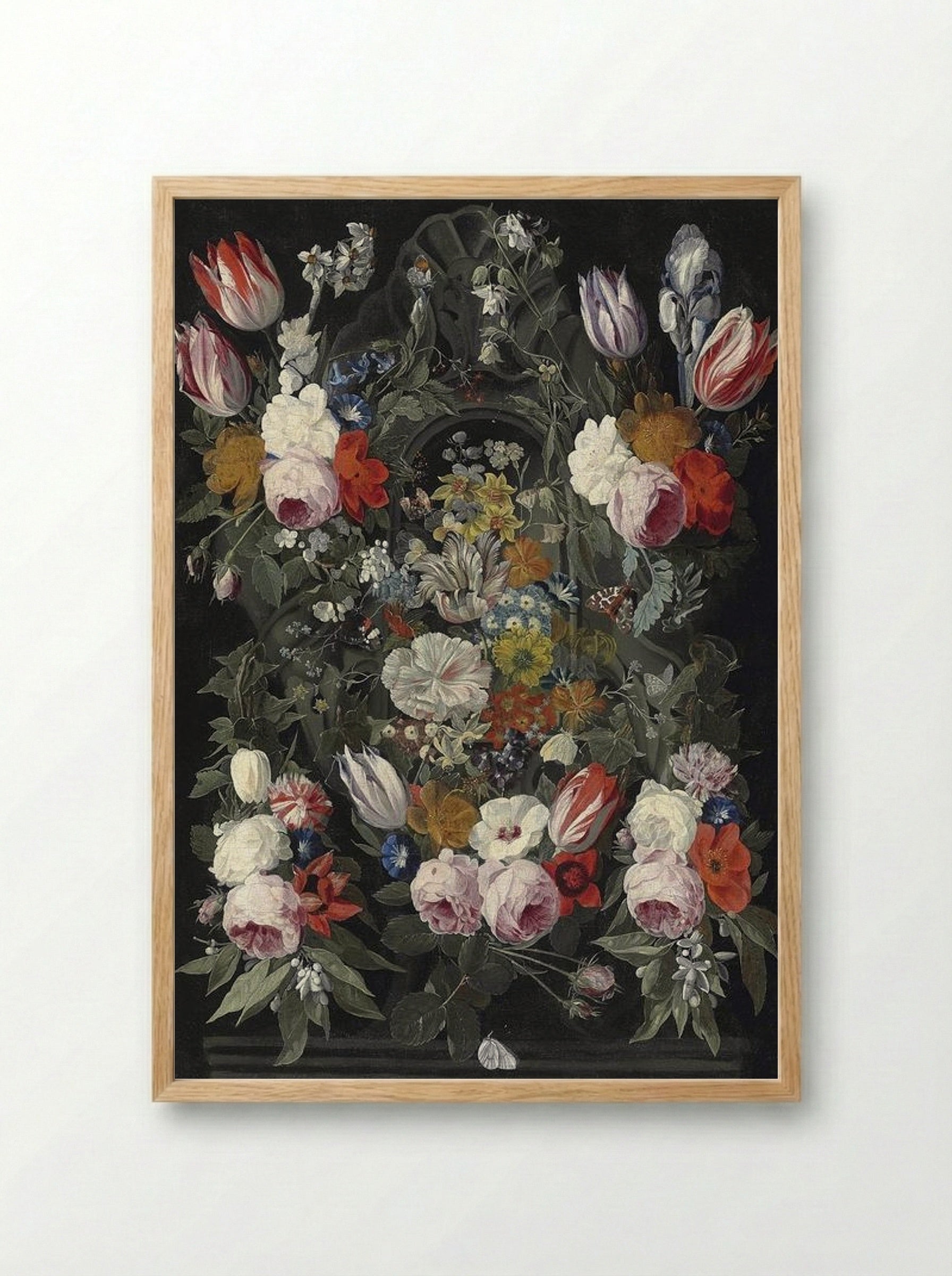 Flowers and Butterflies in Front of a Sculpted Cartouche - Jan van Kessel the Elder - Framed Print Wood