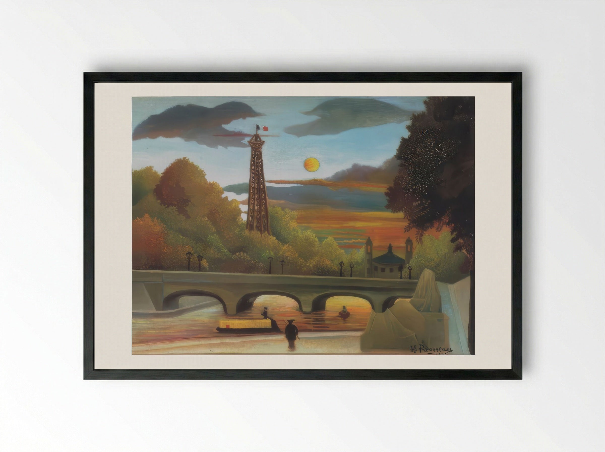 The Seine and the Eiffel Tower in the Sunset by Henri Rousseau – Naïve Art Paris Landscape Print - Framed Print Black