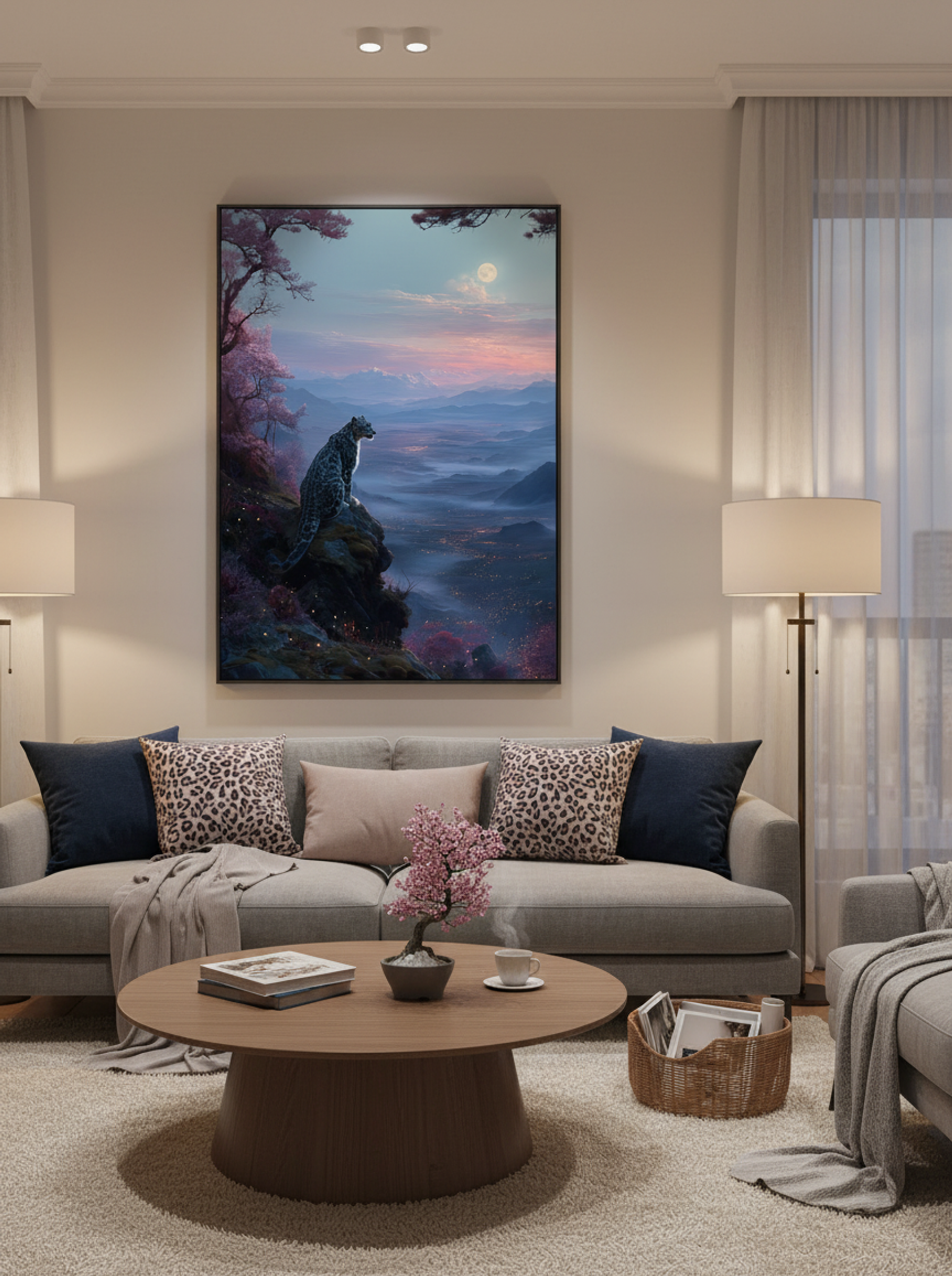 Moonlit Watch – Snow Leopard Print Over Twilight Mountain Valley - Lifestyle