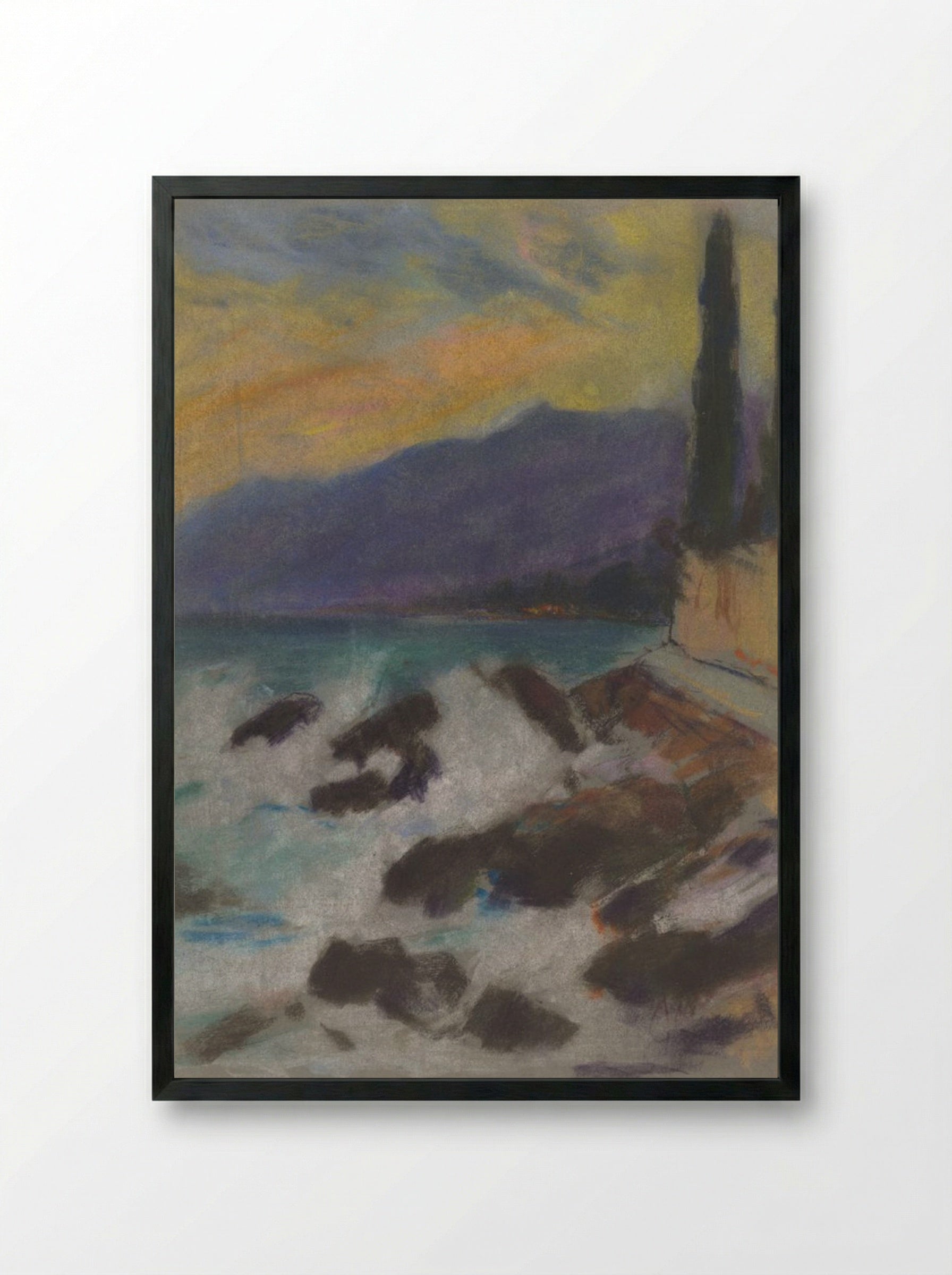Rocky Seashore with Cypresses - Zolo Palugyay - Framed Print Black