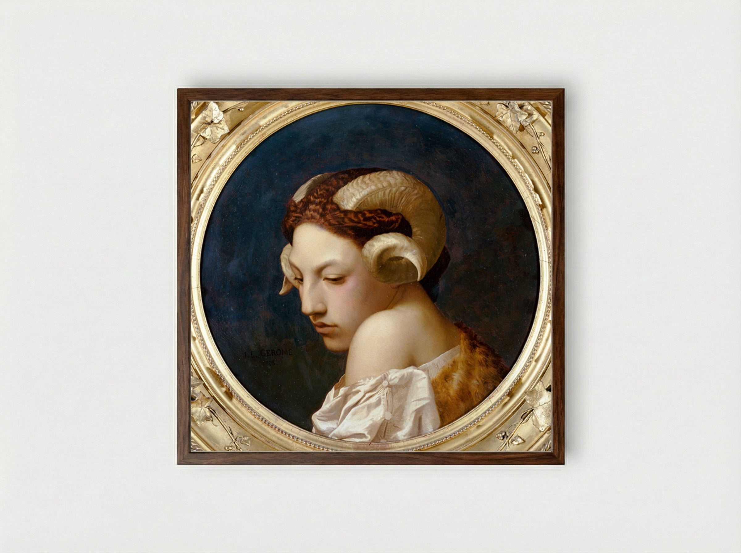 Woman's Head with Ram Horns - Jean-Léon Gérôme - Framed Print Dark Wood