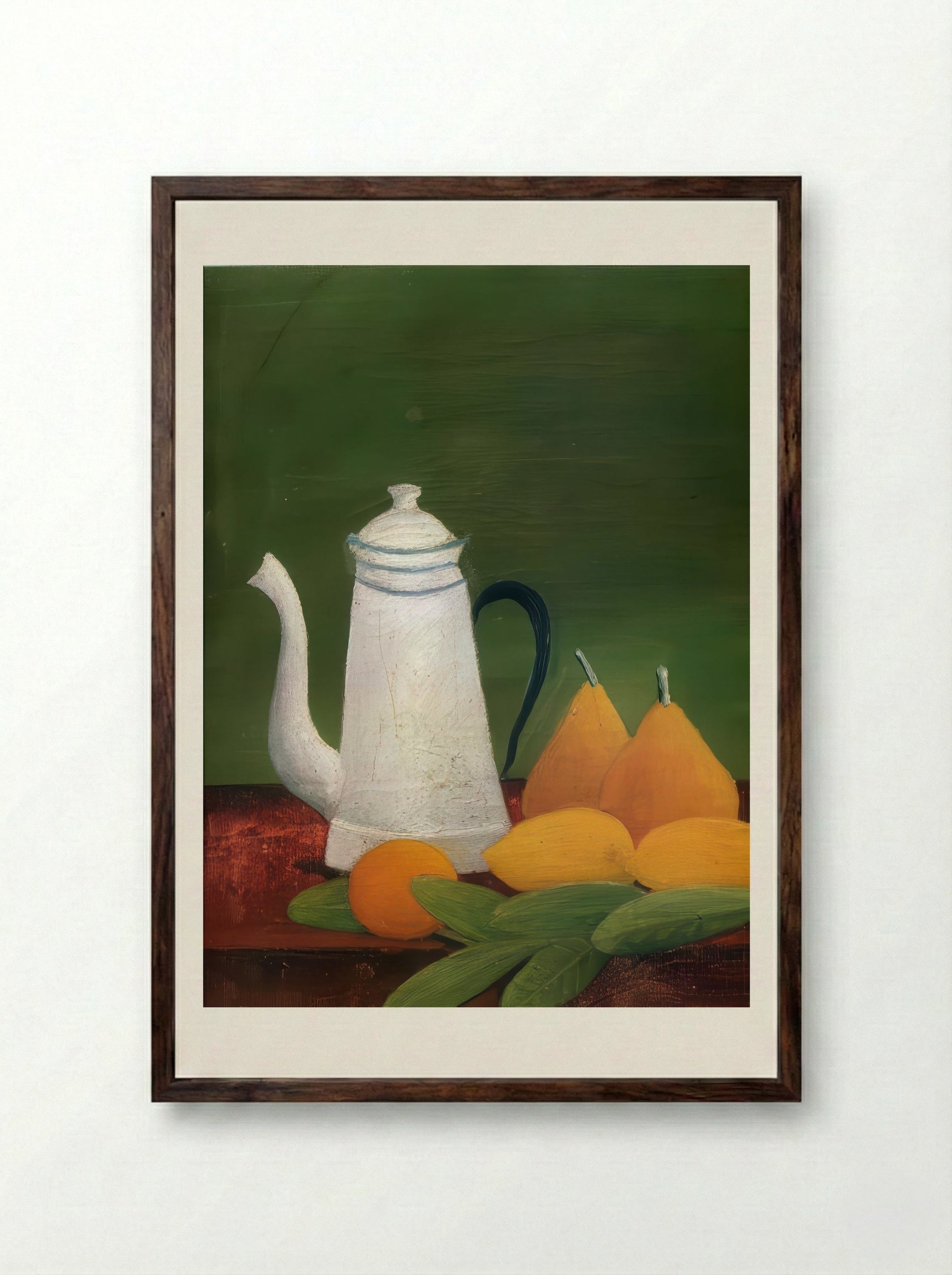 Still Life with Teapot and Fruit by Henri Rousseau – Naïve Art Kitchen Wall Print - Framed Print Dark Wood