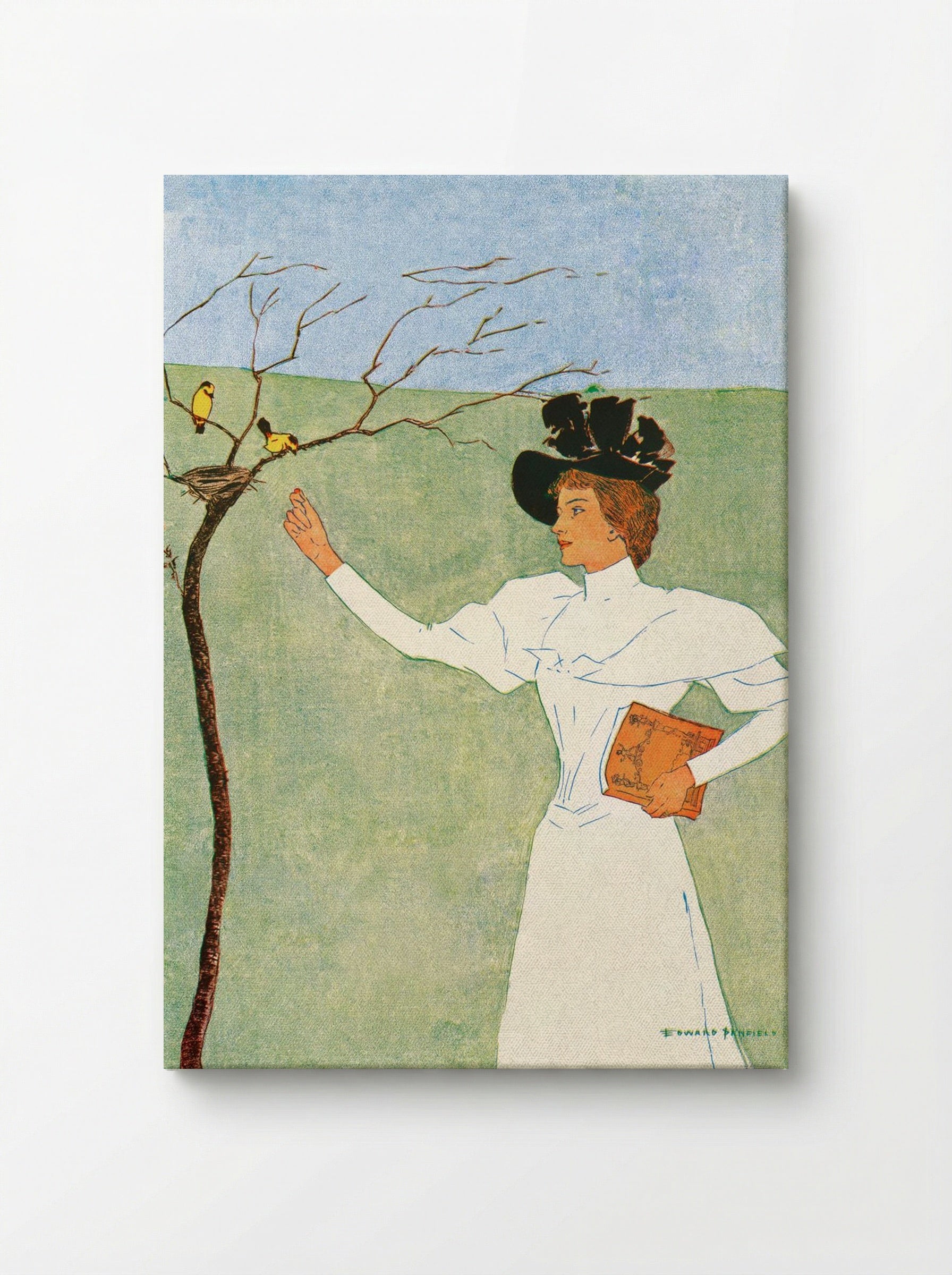 Woman Reaching for Birds - Edward Penfield - Canvas