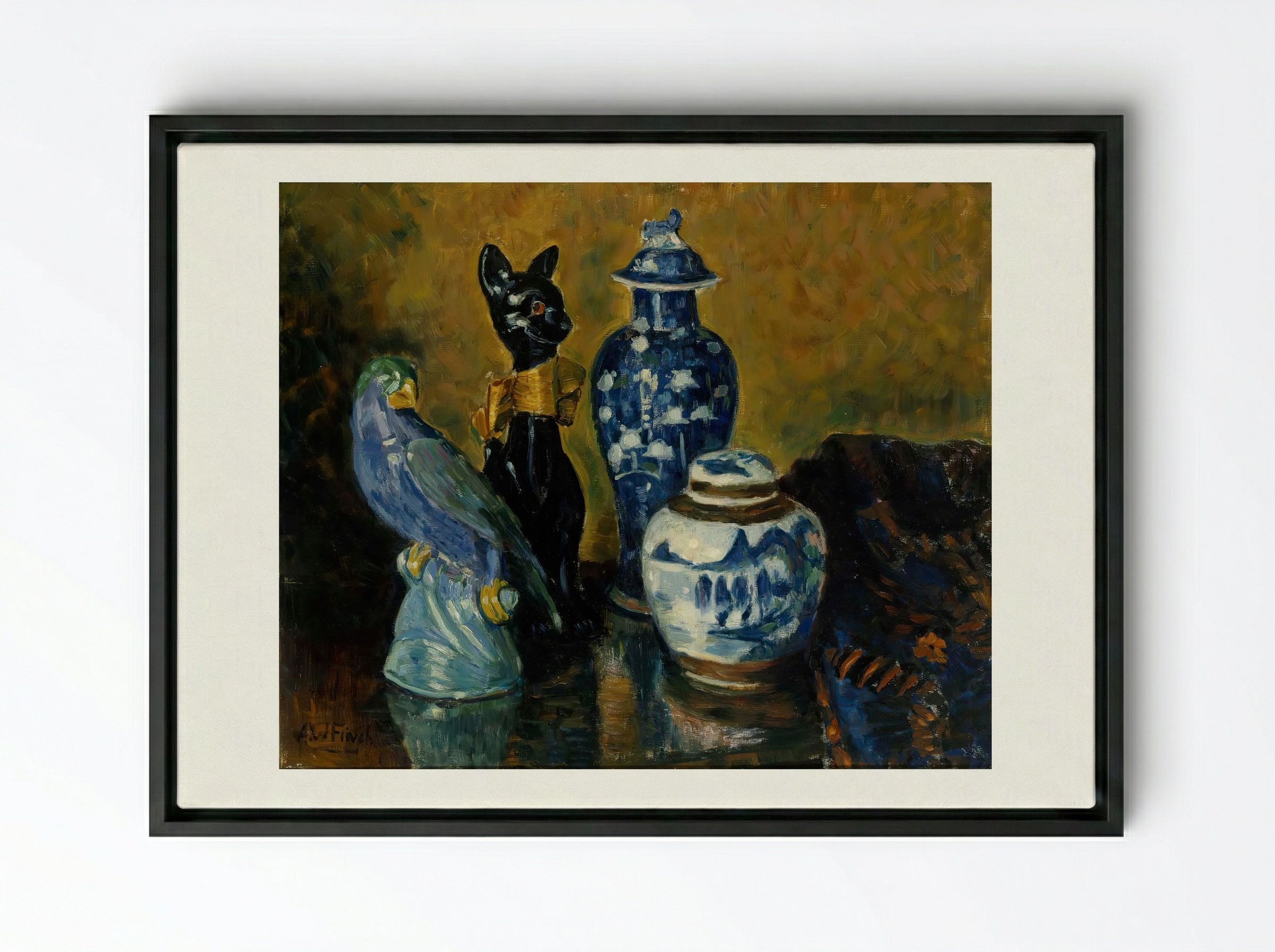 Still Life with Blue Figurines - Alfred William Finch - Framed Canvas Black