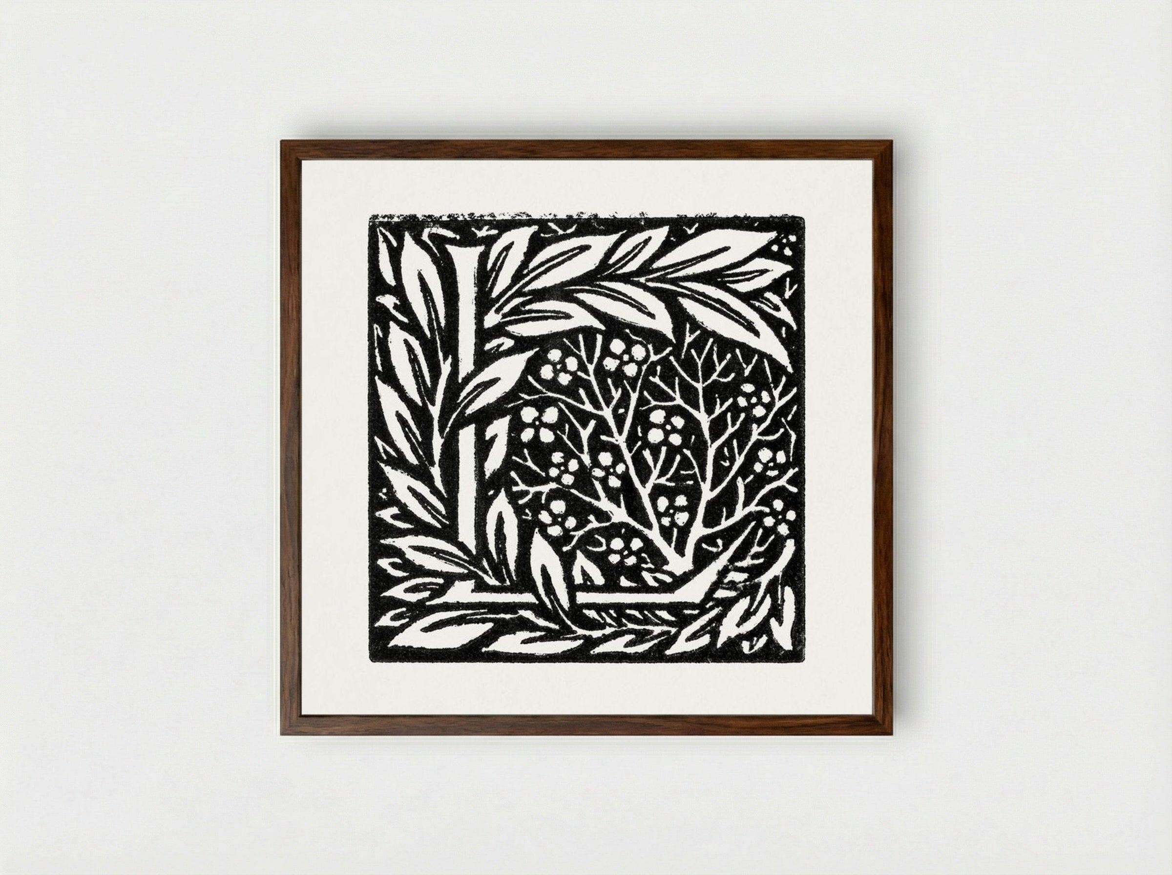 Love is Enough - Initial letter 'L' entwined with Laurel Leaves - William Morris - Framed Print Dark Wood