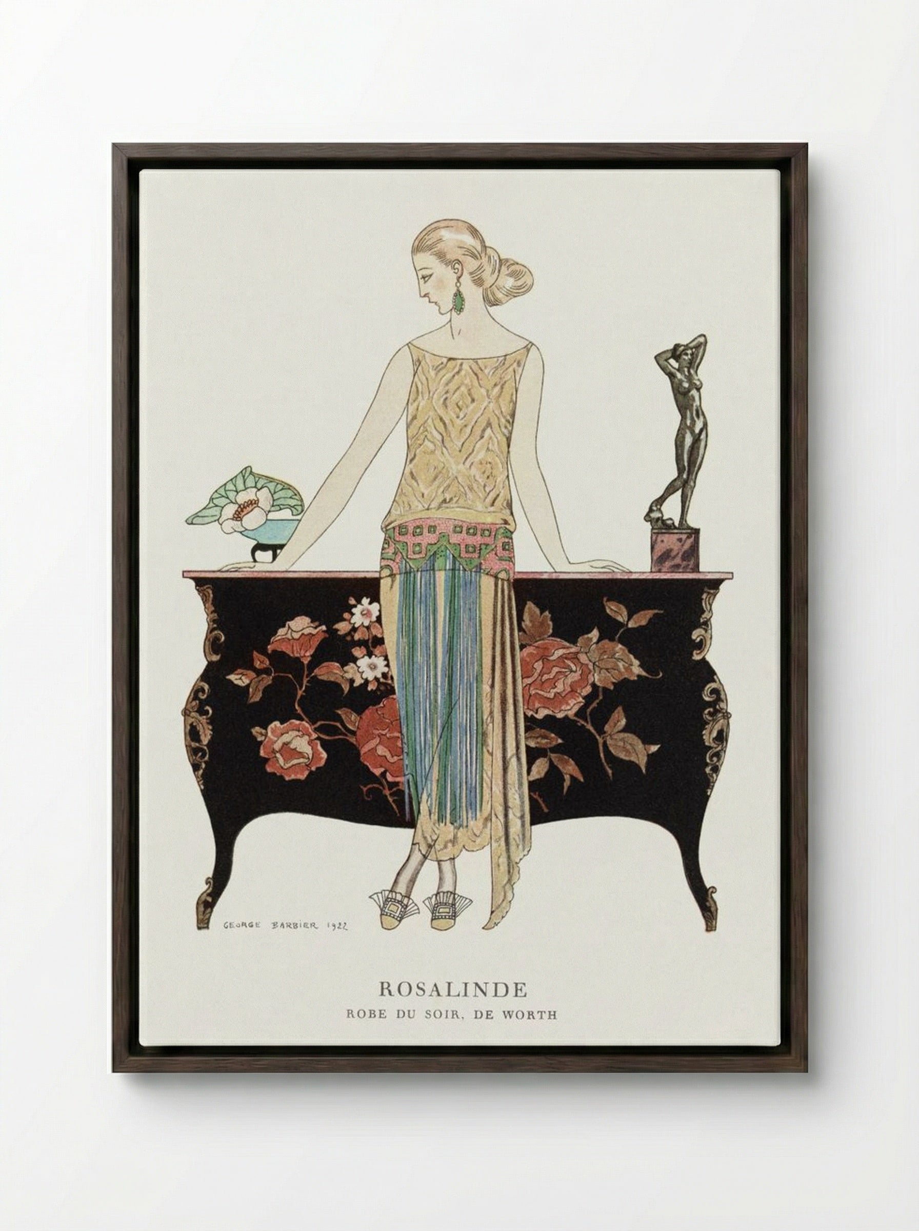 Rosalinde, Robe du Soir, de Worth - George Barbier - Framed Canvas Dark Wood