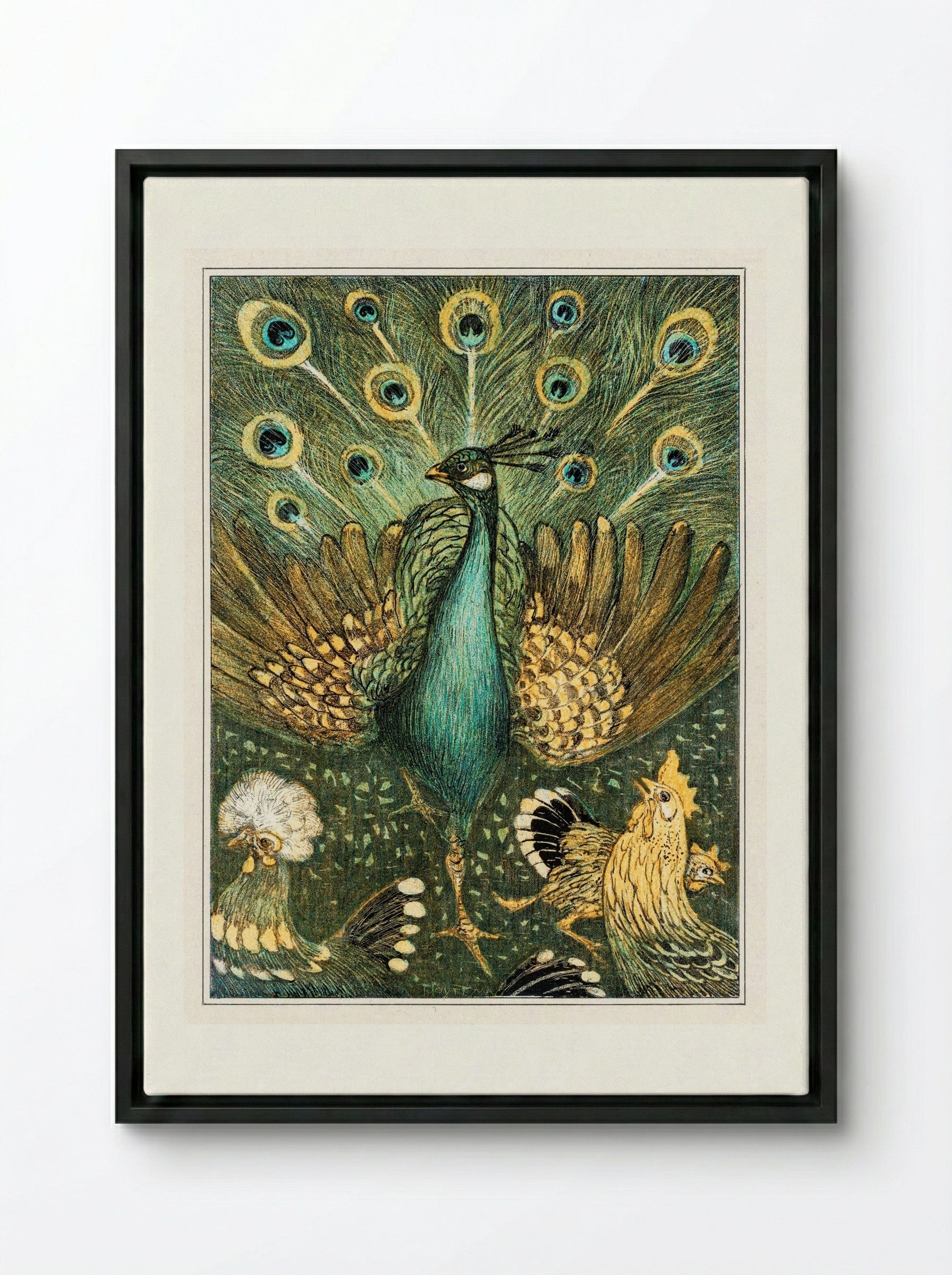 Peacock with Chickens - Theo van Hoytema - Framed Canvas Black