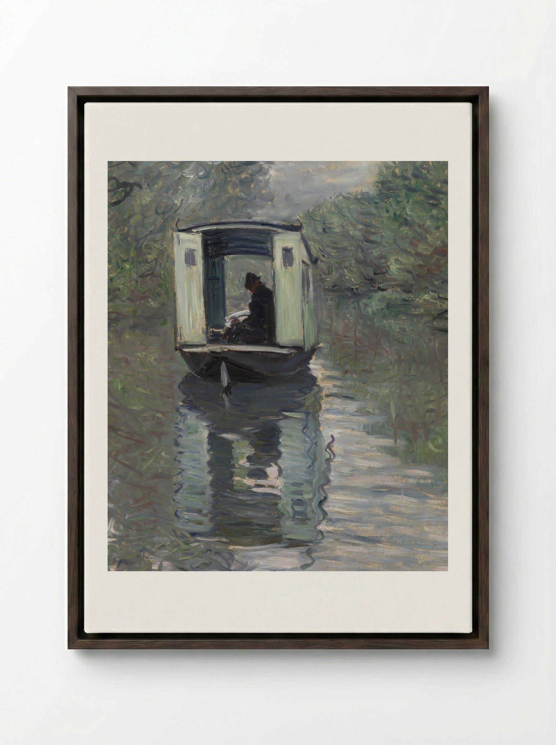 The Studio Boat (Le Bateau-atelier) - Claude Monet - Framed Canvas Dark Wood