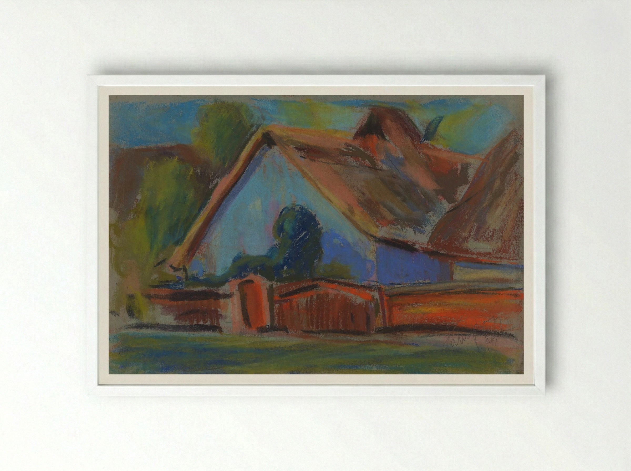 Blue Village Cottage - Zolo Palugyay - Framed Print White