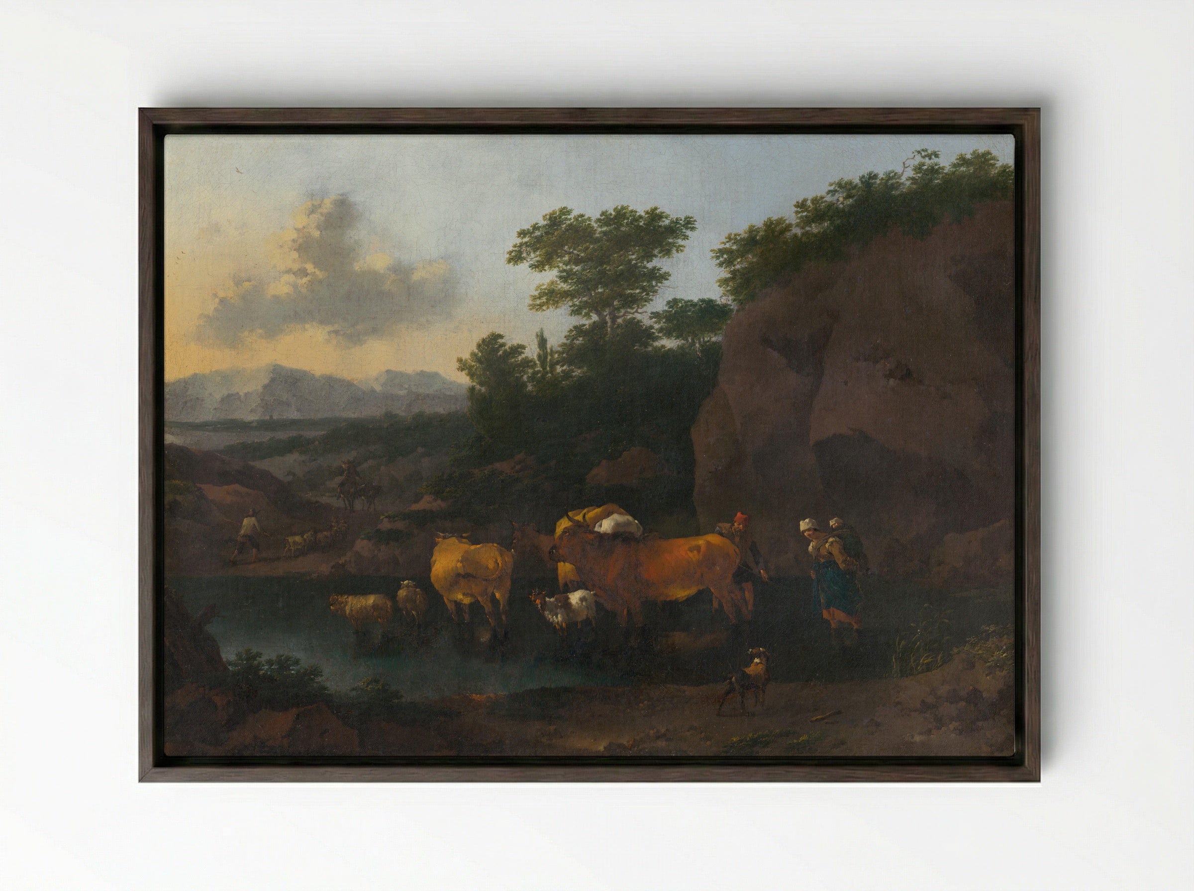 Italianate Landscape with Cattle Ford - Pieter van Bloemen - Framed Canvas Dark Wood