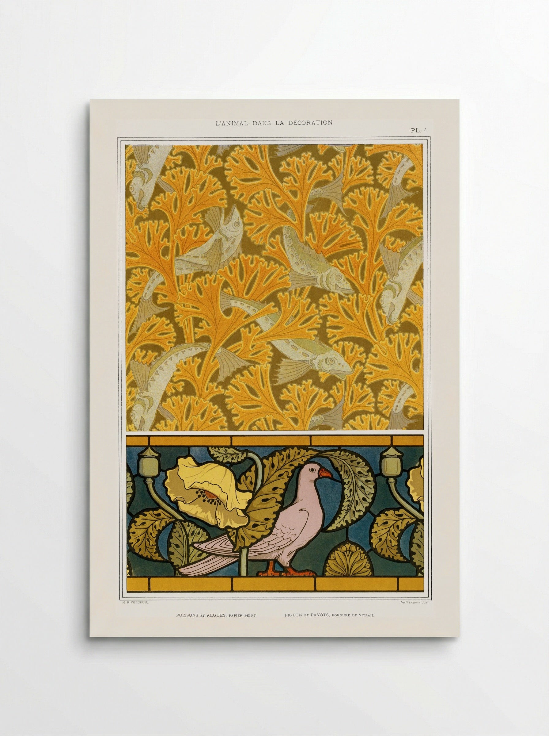 Poisson et Algues, Papier Peint / Pigeon et Pavots, Bordure de Vitrail - Maurice Pillard Verneuil - Poster